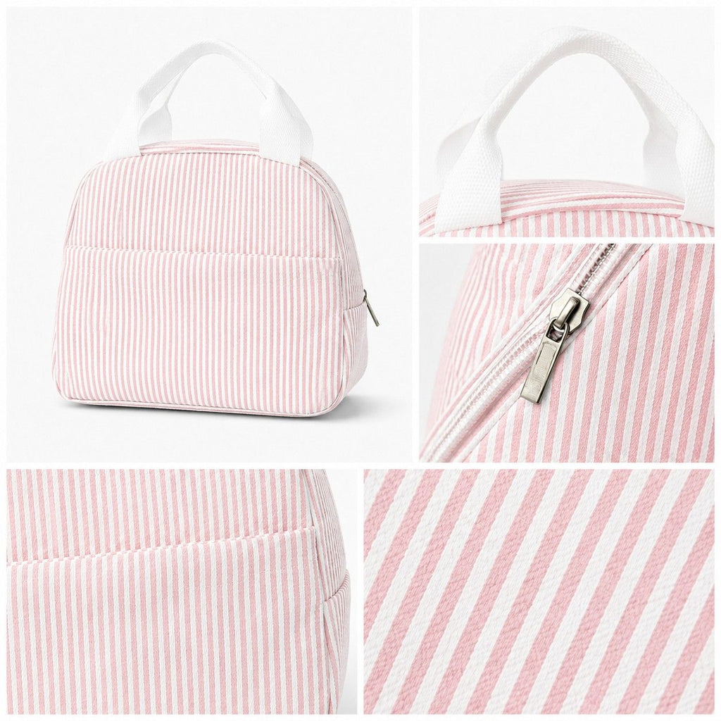 Striped Insulated Lunch Tote Bag with Front Pocket and Zip Closure