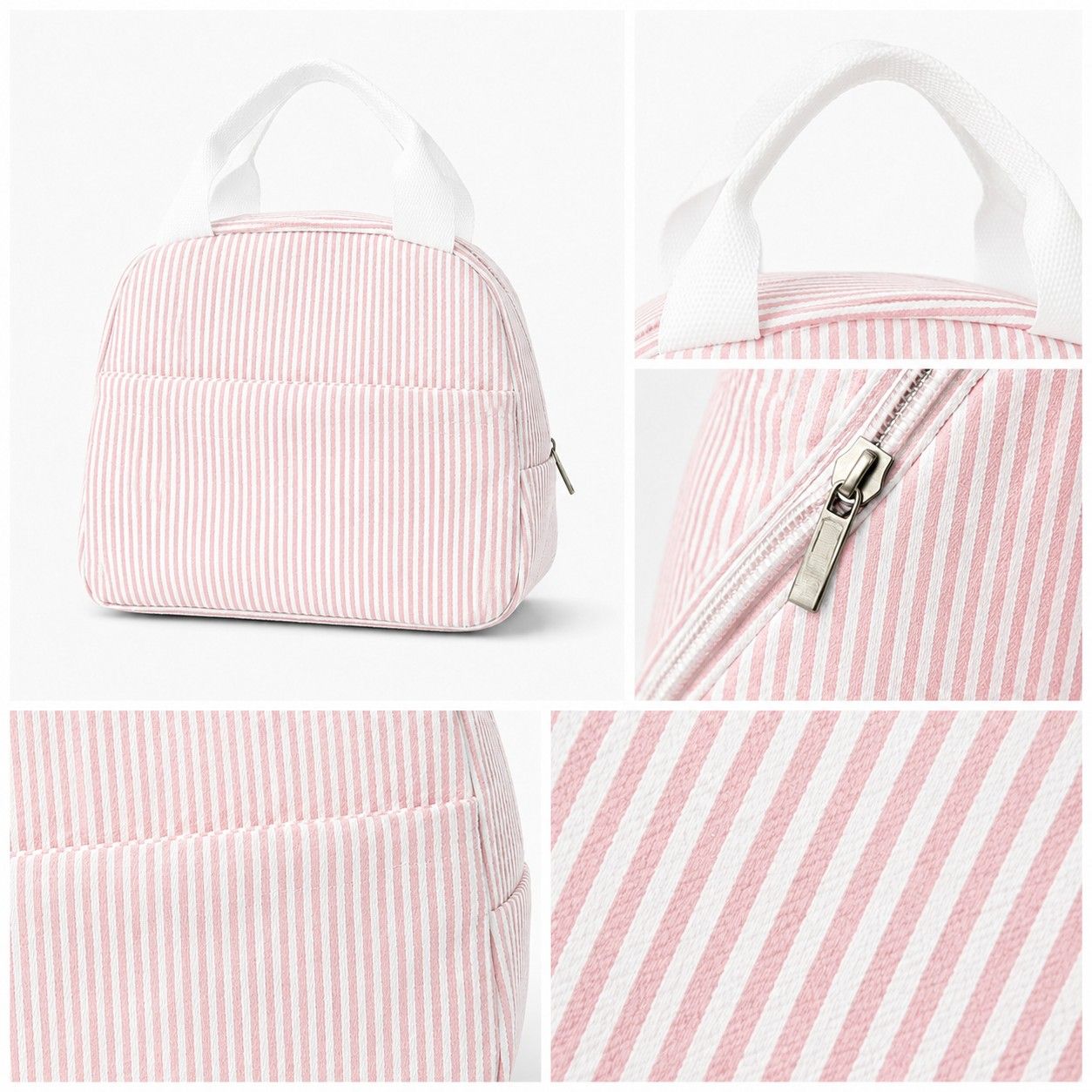 Striped Insulated Lunch Tote Bag with Front Pocket and Zip Closure