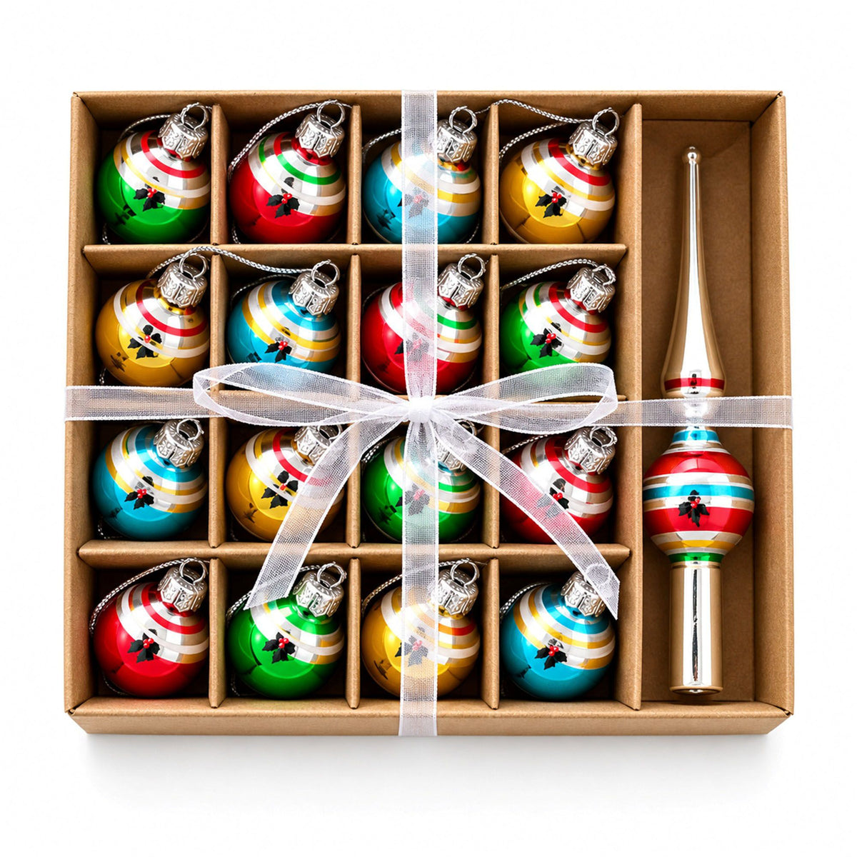 17 Piece Mini Christmas Ball Ornaments and Tree Topper Set Gift