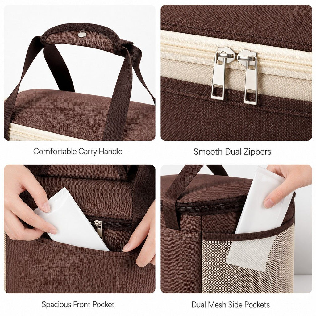Insulated Lunch Tote Bag with Front Pocket Mesh Side Pockets and Dual Zipper