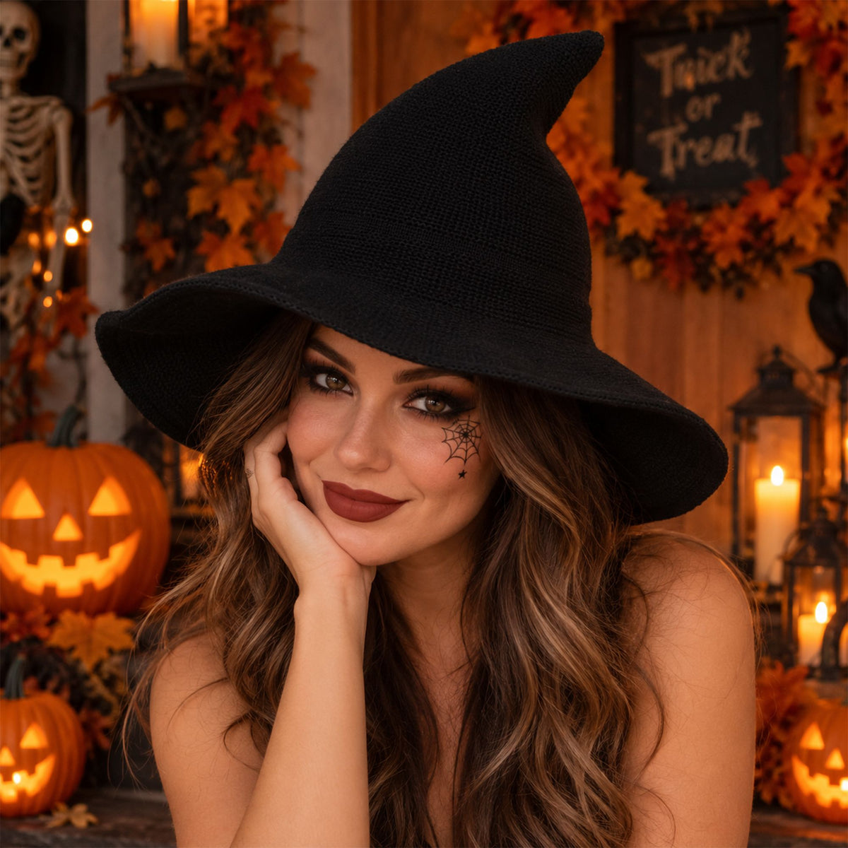 Pointed Knit Witch Hat with Wide Floppy Brim for Halloween