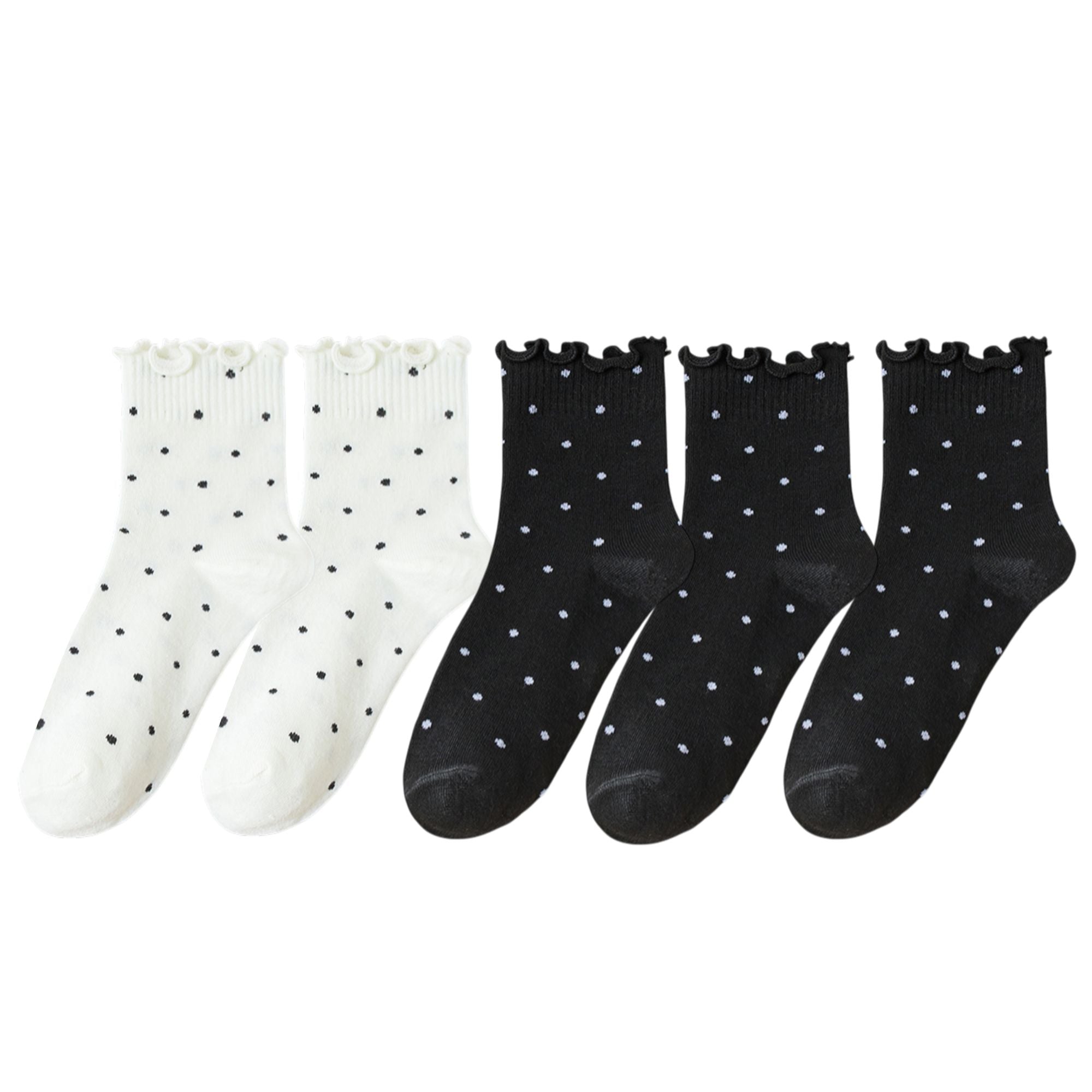 Anna-Kaci Women's Polka Dot Ankle Socks Set Soft Cotton Blend Ruffle Trim Cuff Multiple Color Combos 5 Pairs