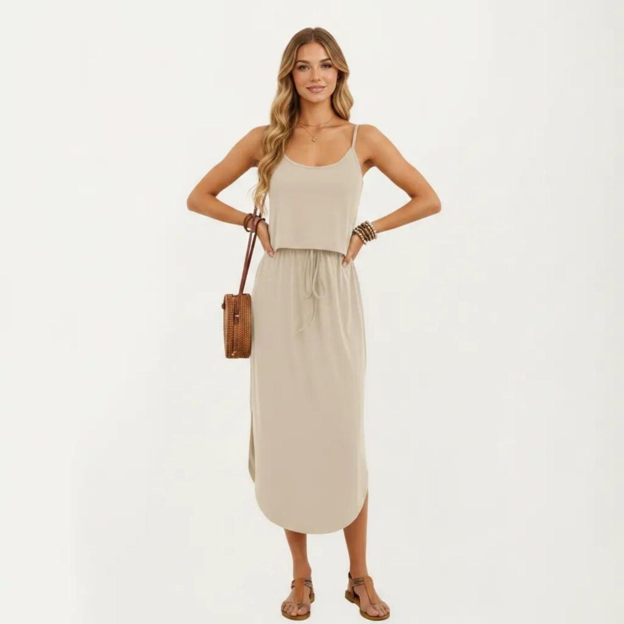Anna-Kaci Women's Sleeveless Midi Dress with Spaghetti Straps and Adjustable Drawstring Waist Relaxed Fit Silhouette