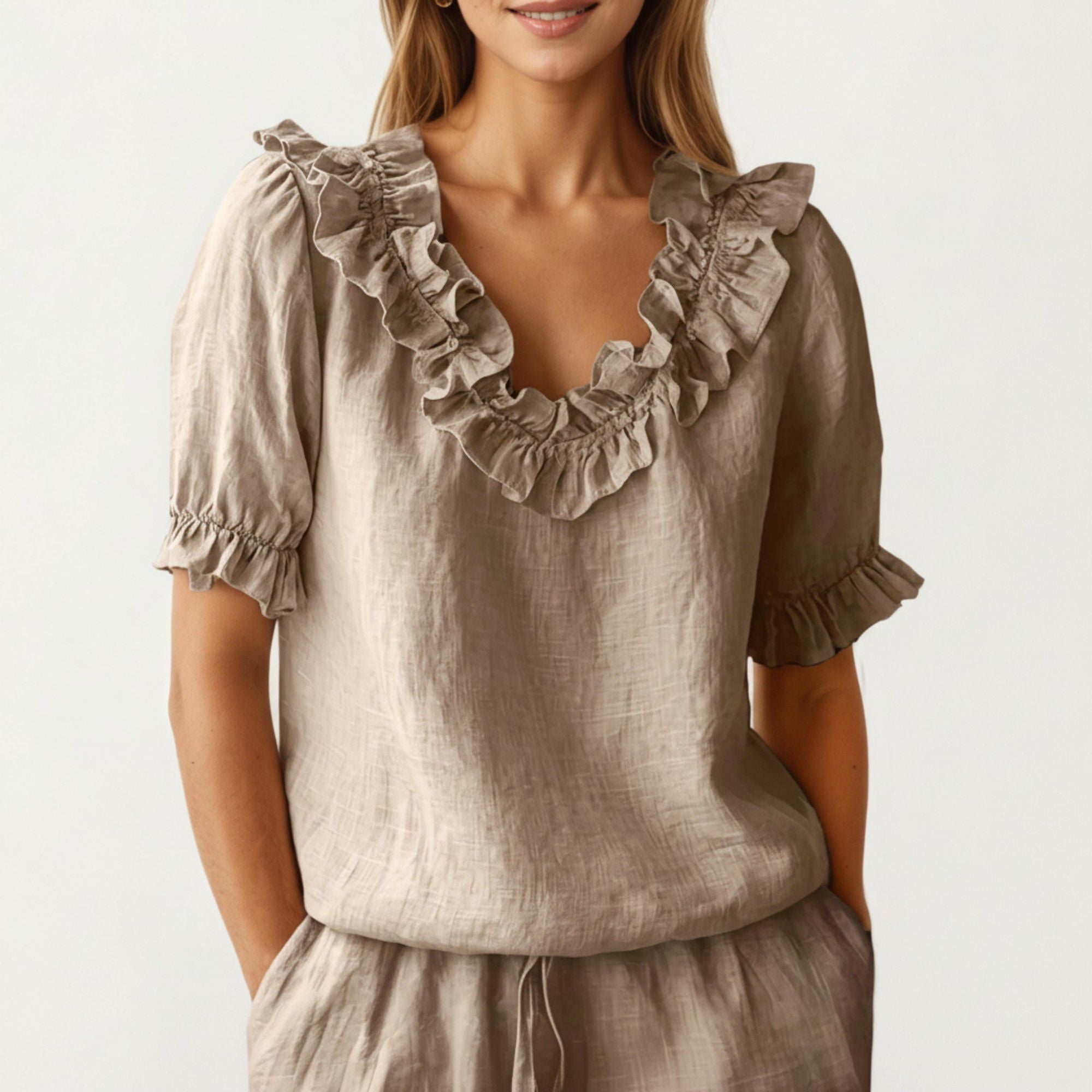Anna-Kaci Women's Ruffle Neck Blouse with Short Puff Sleeves and Textured Linen-Like Fabric