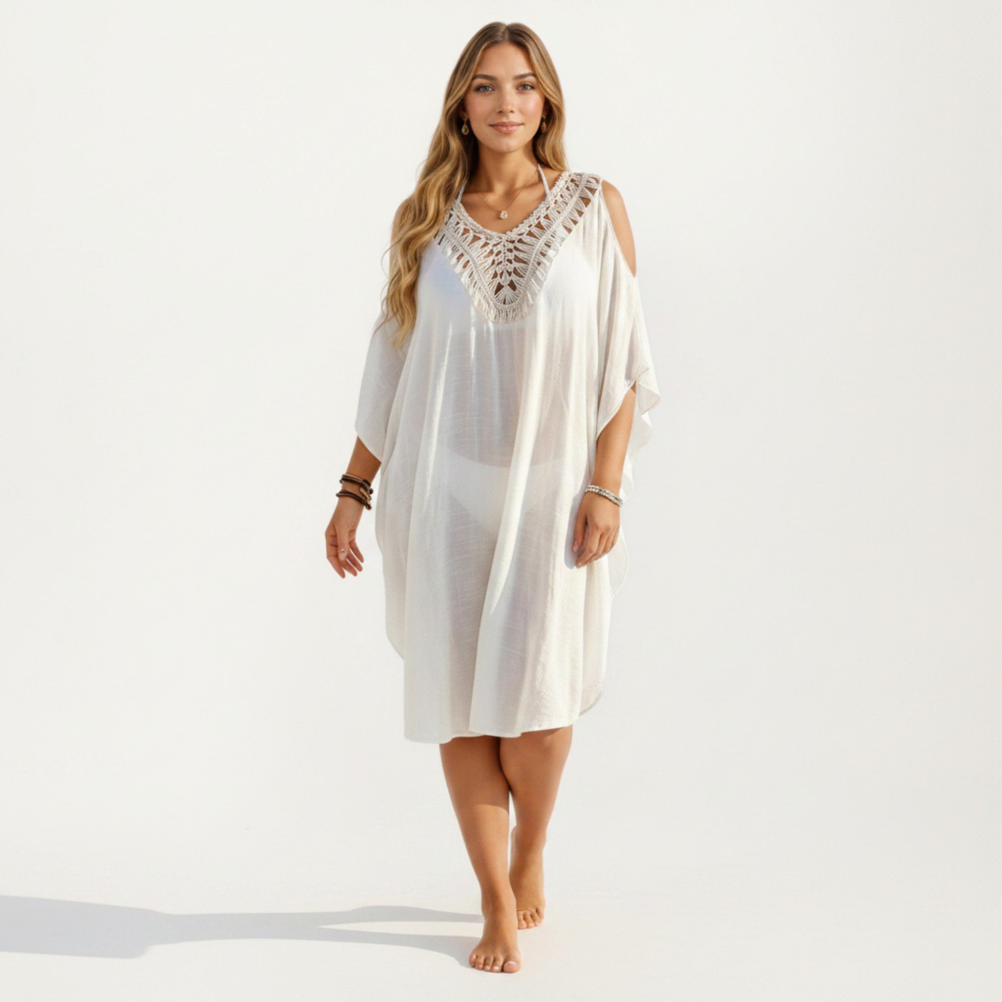 Anna-Kaci Women's Crochet V Neck Swim Cover Up Dress with Cold Shoulder Sleeves and Relaxed Fit