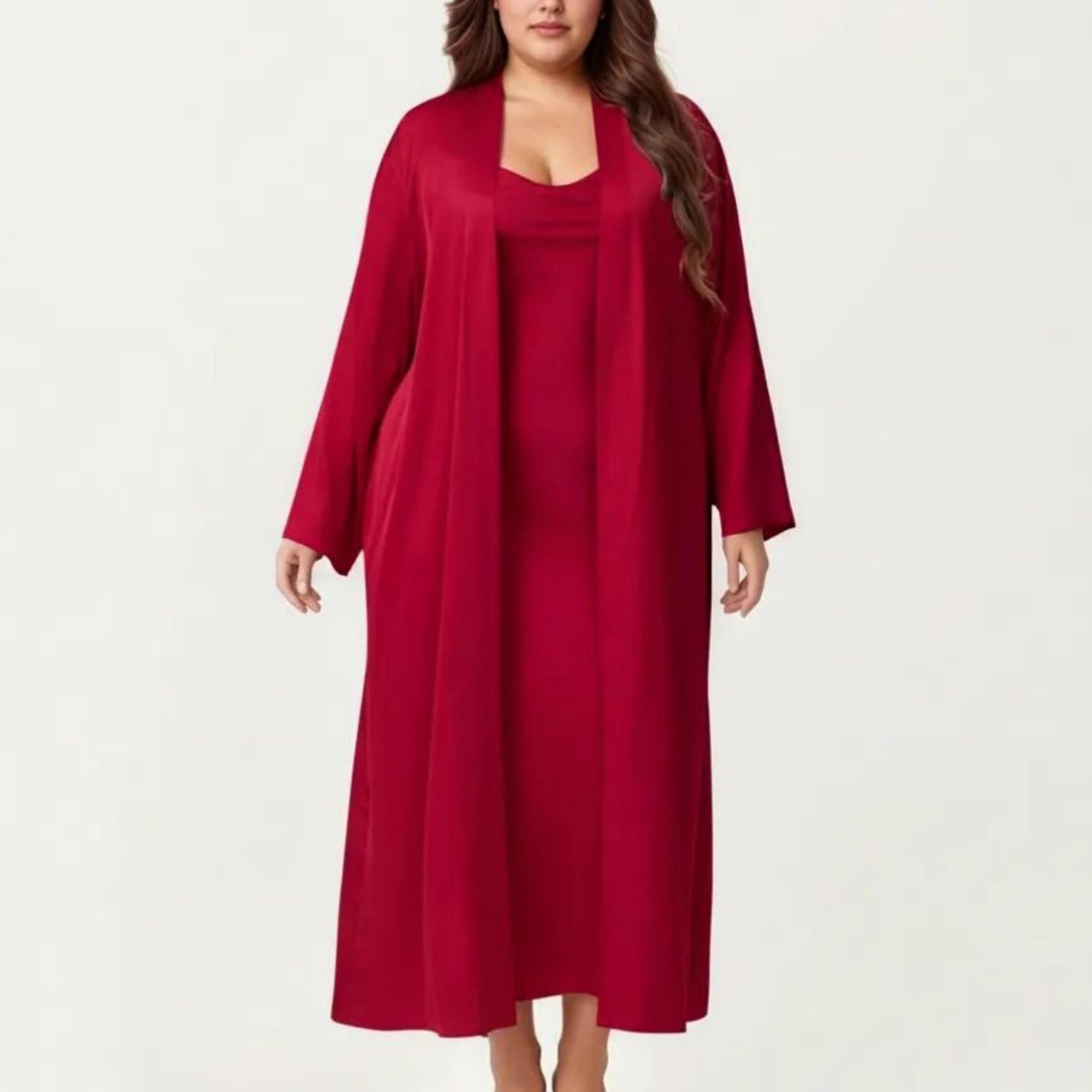 Anna-Kaci Lounge Women's Plus Size 2-Piece Satin Nightgown Set with Long Sleeve Open Front Robe Sleeveless Slip Dress Sleepwear