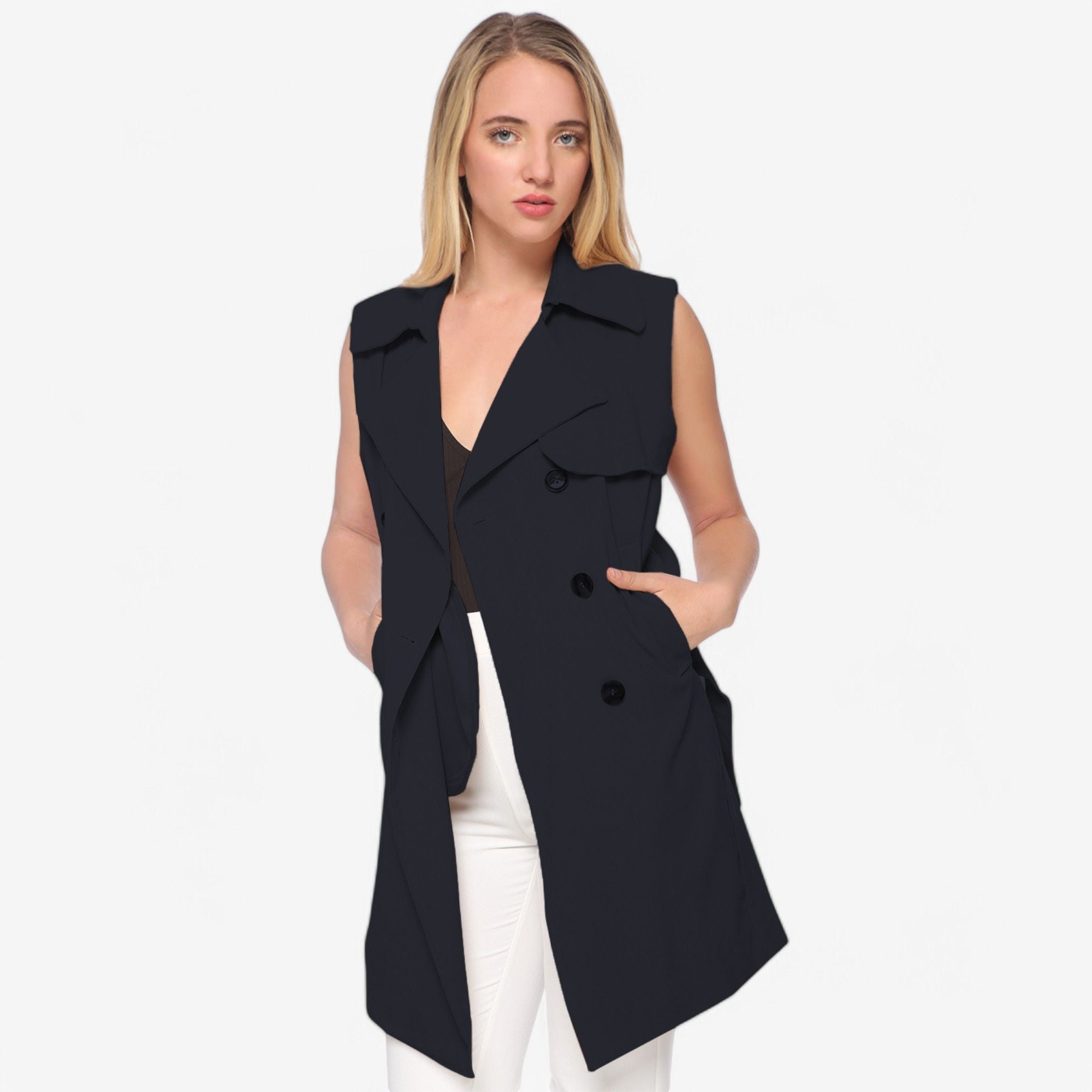 Anna-Kaci Women's Sleeveless Trench Coat with Button Front and Pocket Detail