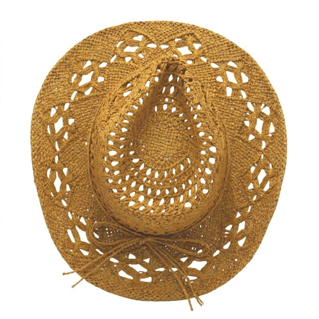 Open Weave Western Sun Hat with Wide Brim and Boho Floral Pattern