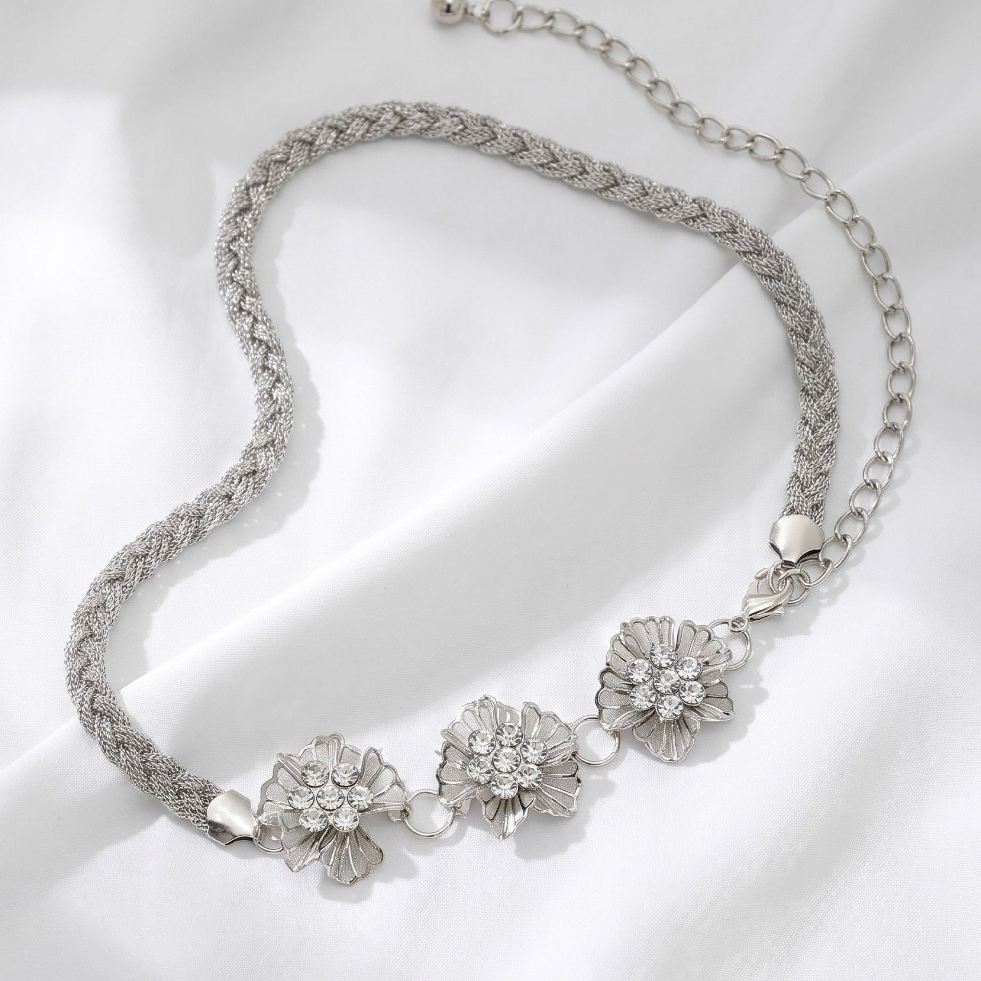 Triple Floral Braided Metal Waist Belt Adjustable Vintage Floral Statement Waist Jewelry 43.3in