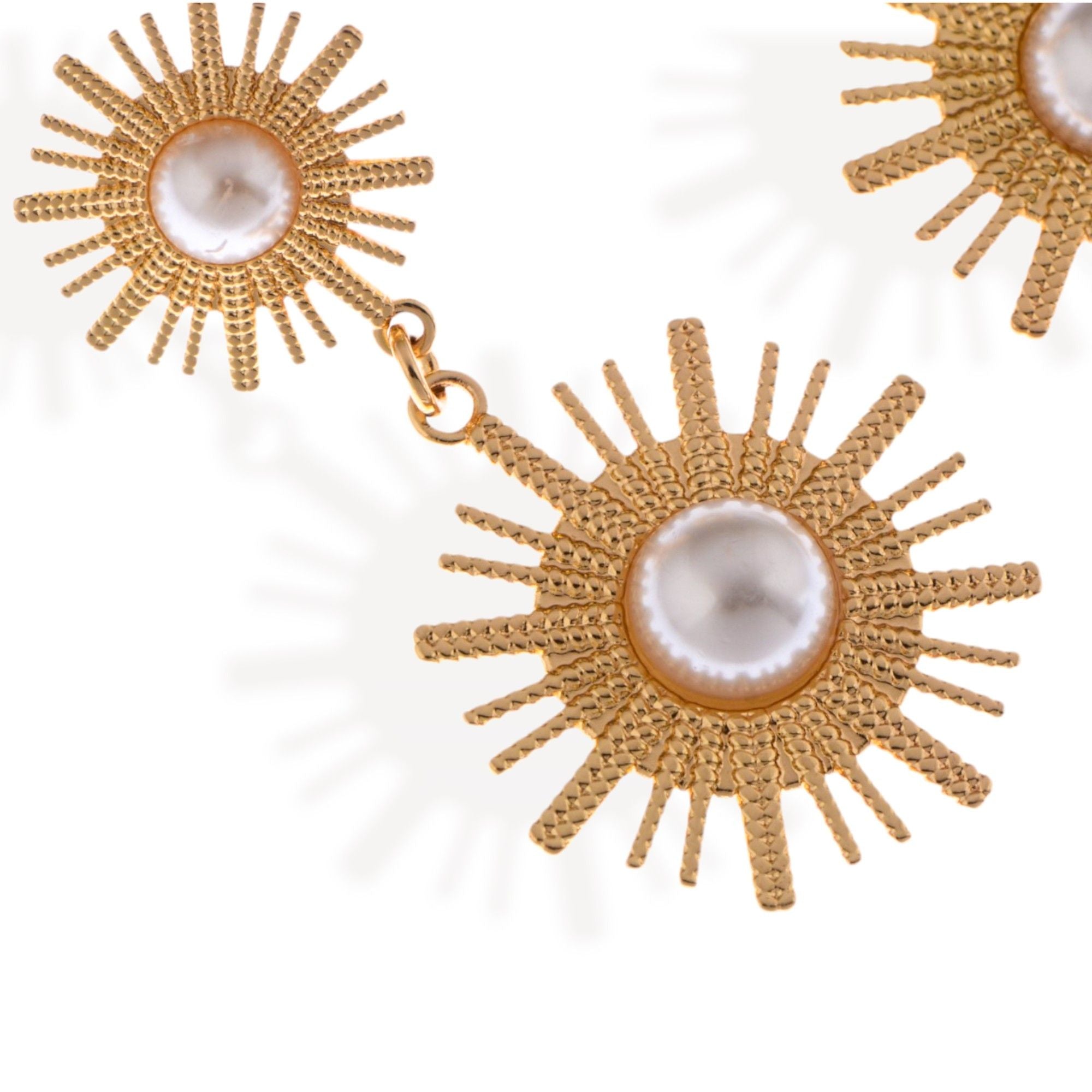 Women's Gold Tone Sunburst Dangle Fashion Earrings with Pearl Accents