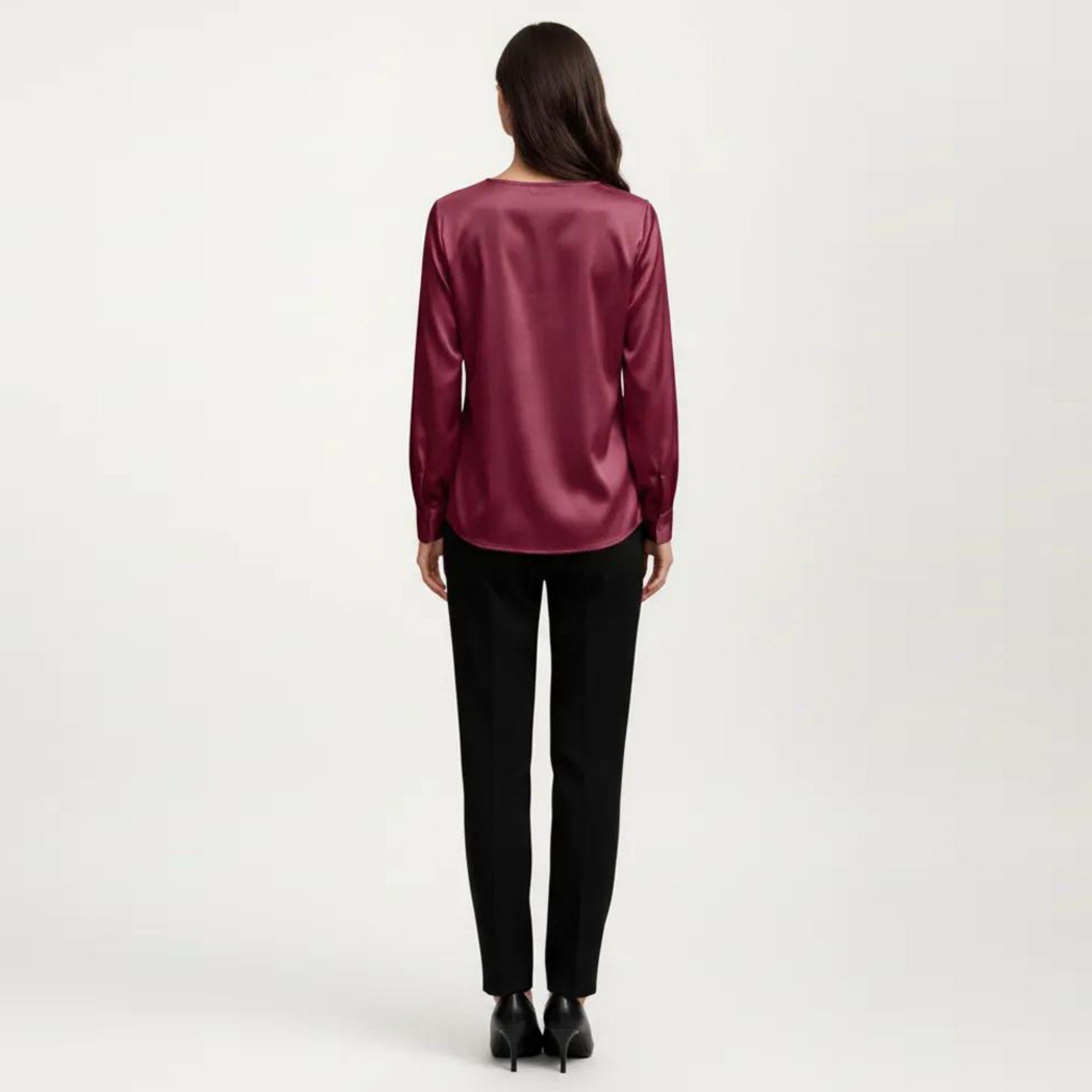 Anna-Kaci Women's Satin V-Neck Blouse with Long Balloon Sleeves and Wide Cuffs