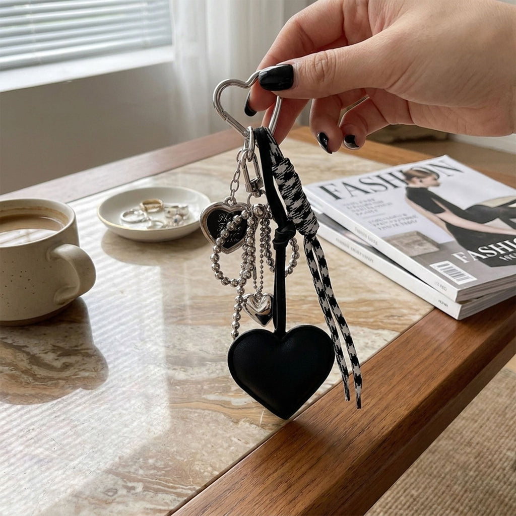 Heart Bag Charm Keychain with Beaded Bow Accent Clip and Faux Leather Heart Pendant