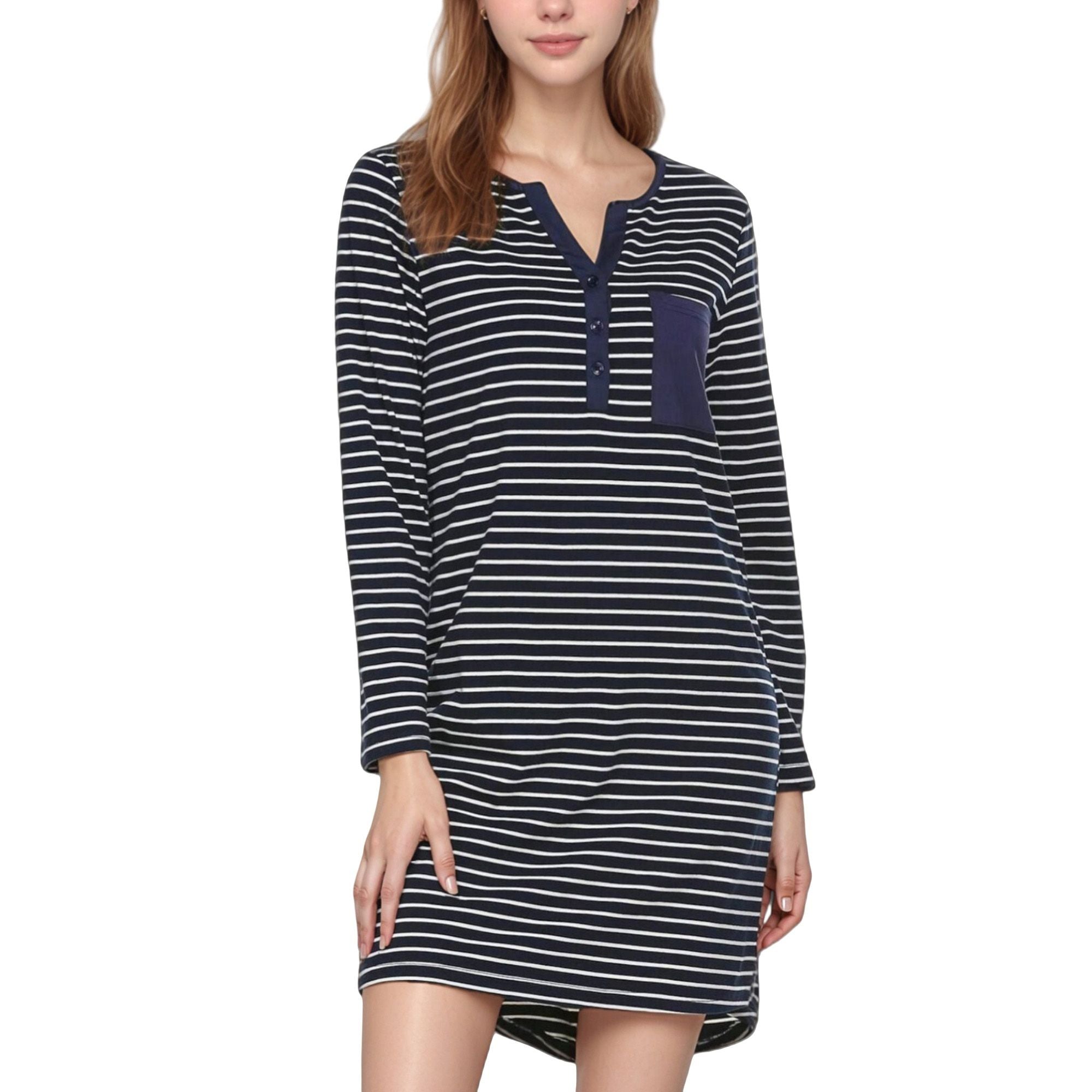 Anna-Kaci Lounge Women's Long Sleeve Striped Nightshirt Henley Neckline Sleep Dress with Chest Pocket Detail