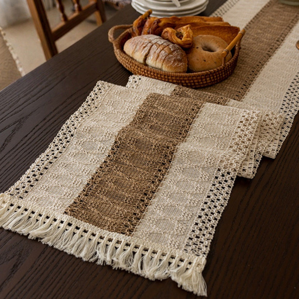 Textured Woven Table Runner with Fringe Trim and Neutral Stripe Pattern 47x11.8 in