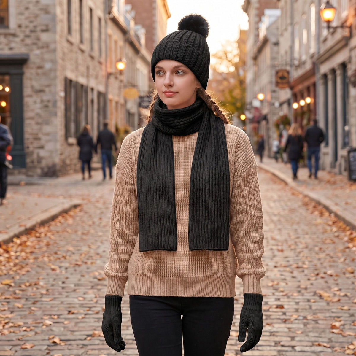 3 Piece Pom Beanie Scarf and Touchscreen Gloves Winter Set