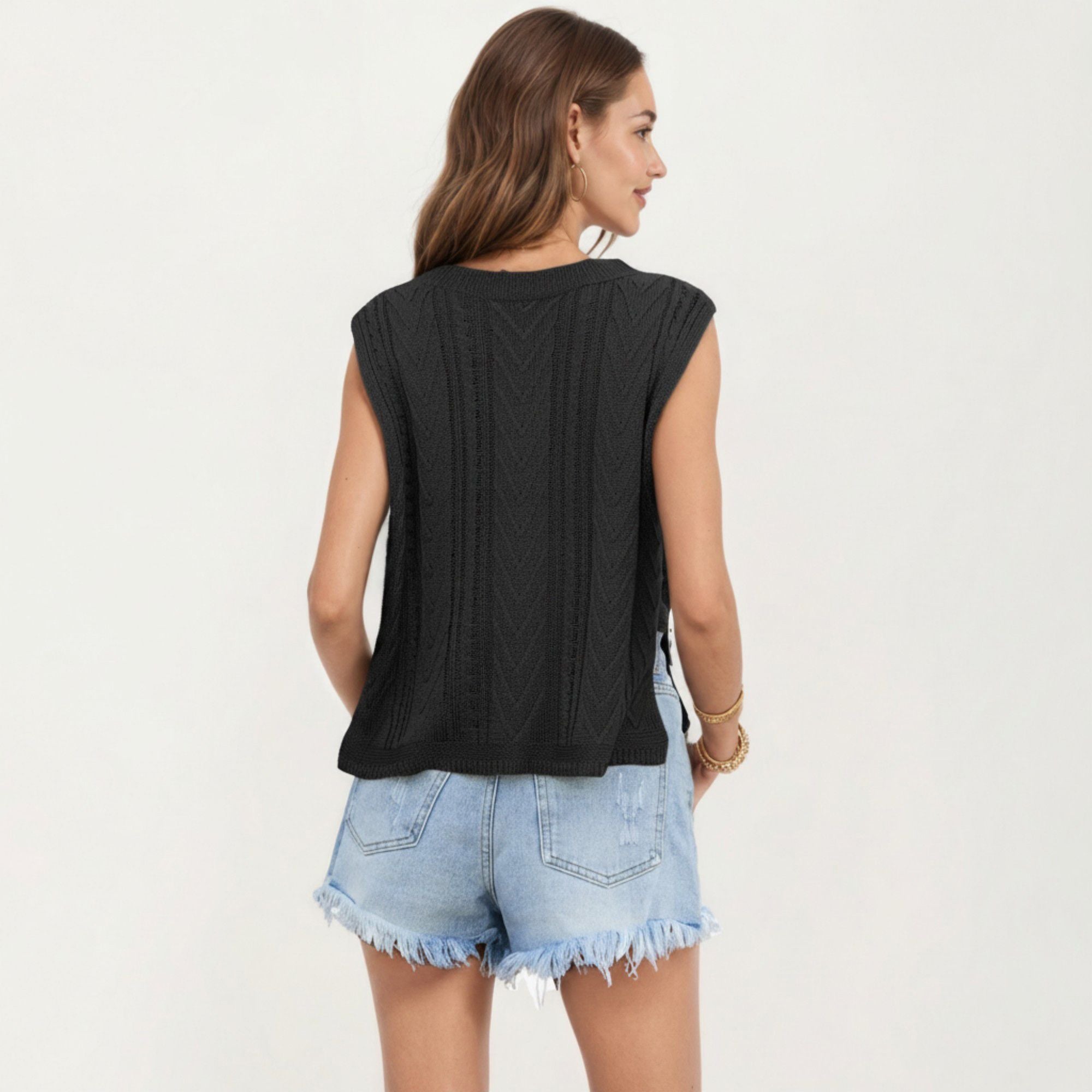 Anna-Kaci Women's Sleeveless Cable Knit Top with Crew Neck and Ribbed Hem