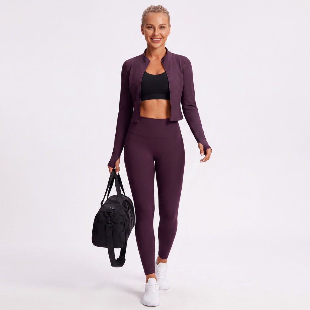 Cropped Full Zip Workout Jacket with Thumbholes