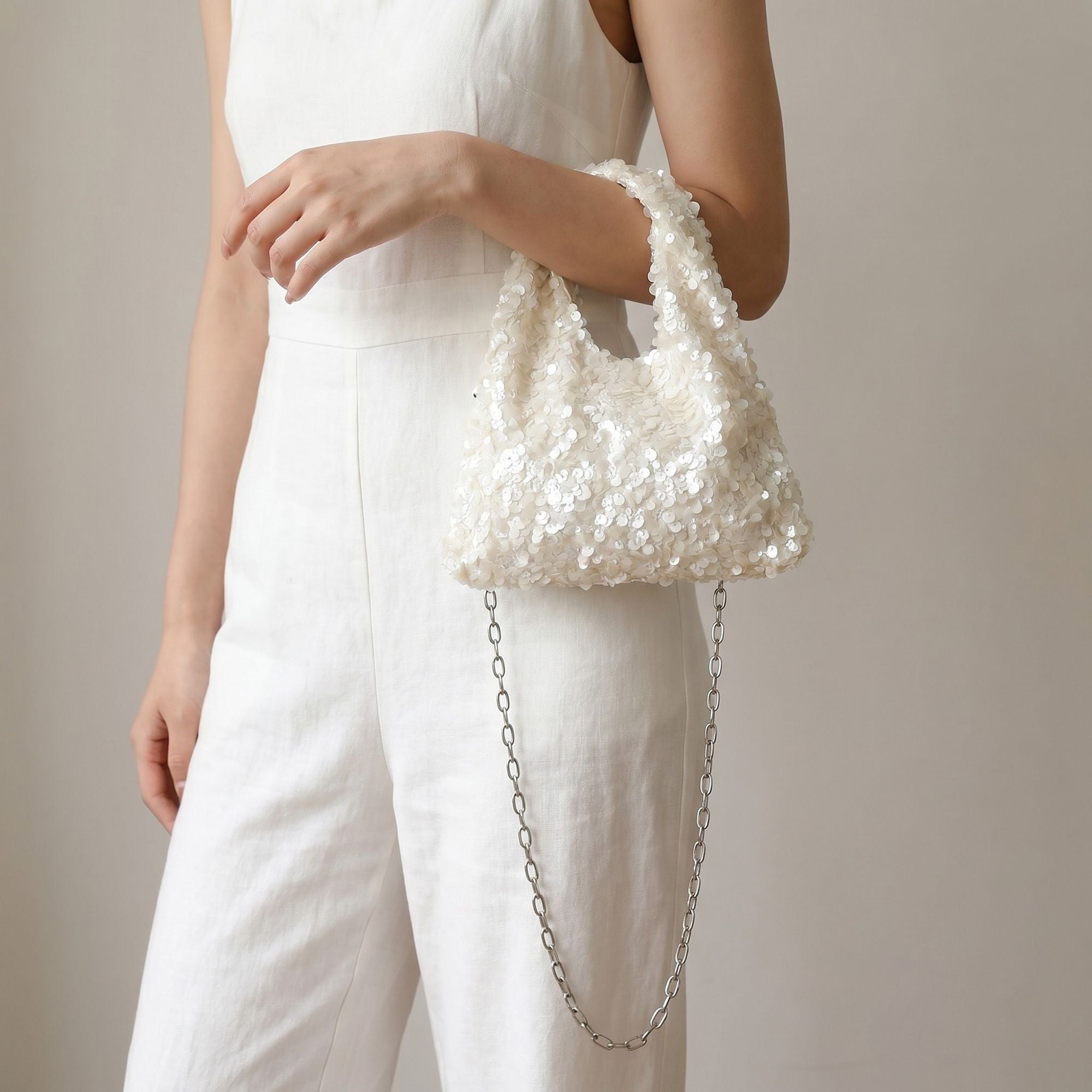 Sequin Top Handle Mini Bag with Round Cutout Handle and Chain Strap