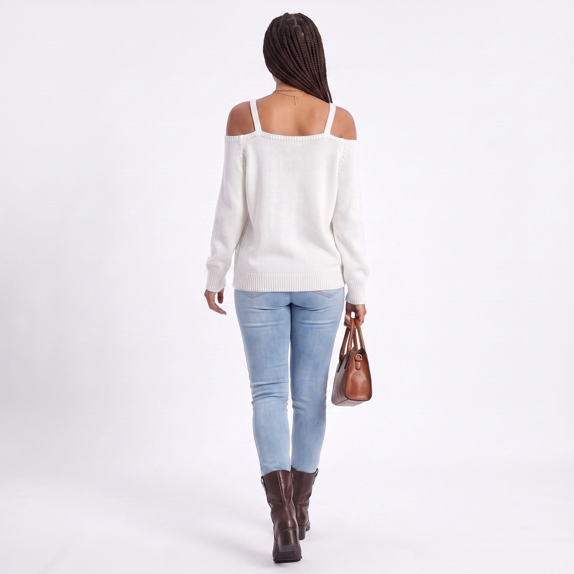 Cold Shoulder Strap Argyle Textured Long Sleeve Knit Sweater