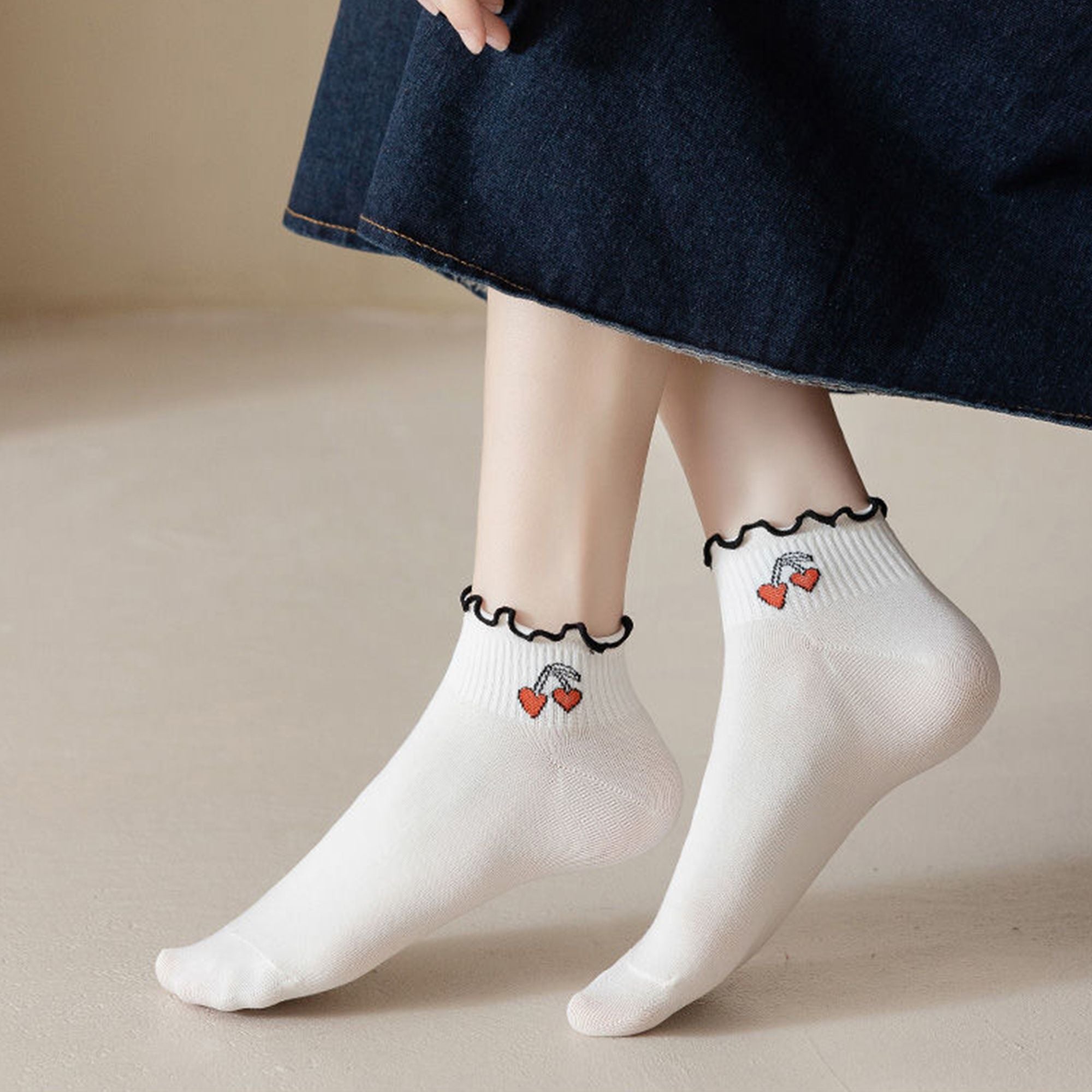 Anna-Kaci 4 Pairs Ankle Socks with Ruffle Trim Cuff Featuring Cherry, Grid, Stripe, and Polka Dot Designs