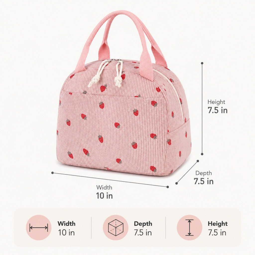 Strawberry Print Corduroy Insulated Lunch Bag with Handles and Zip Closure