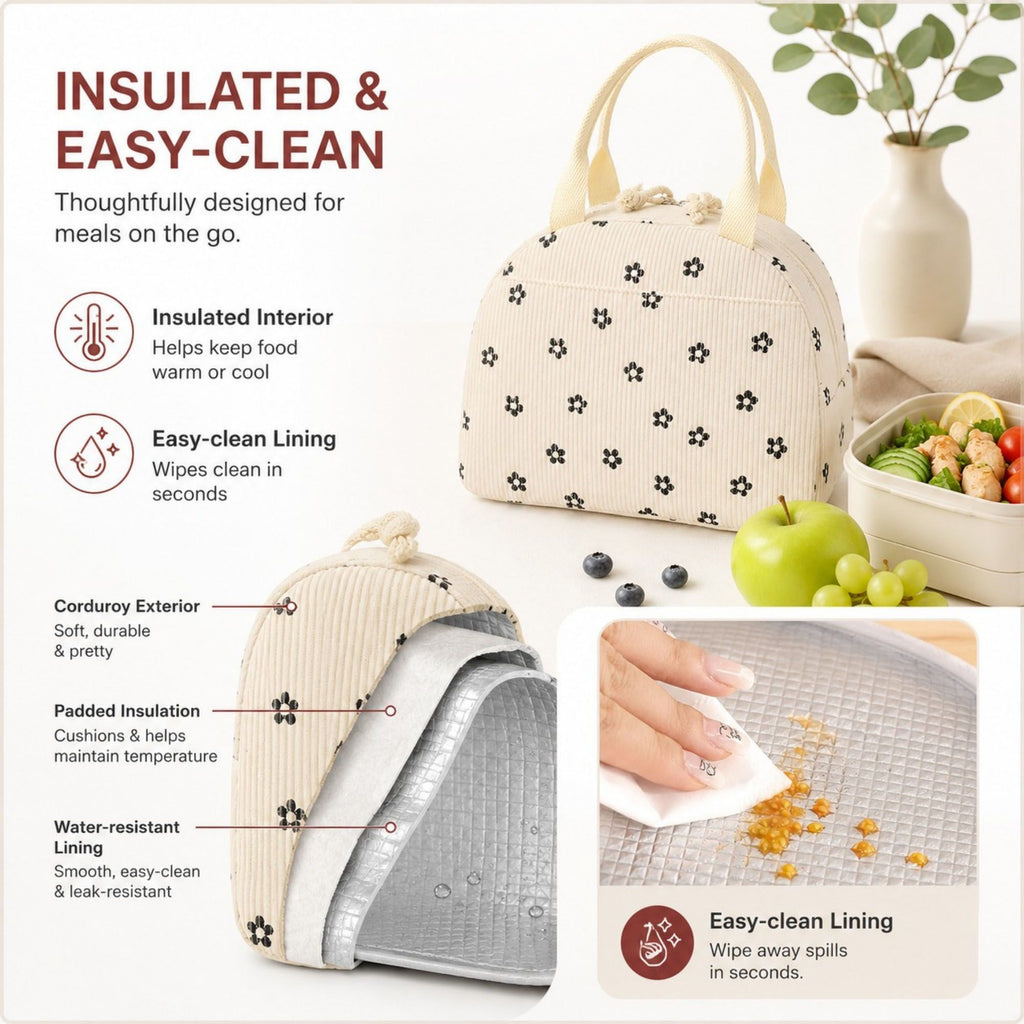 Heart Print Corduroy Insulated Lunch Bag with Handles and Zip Closure