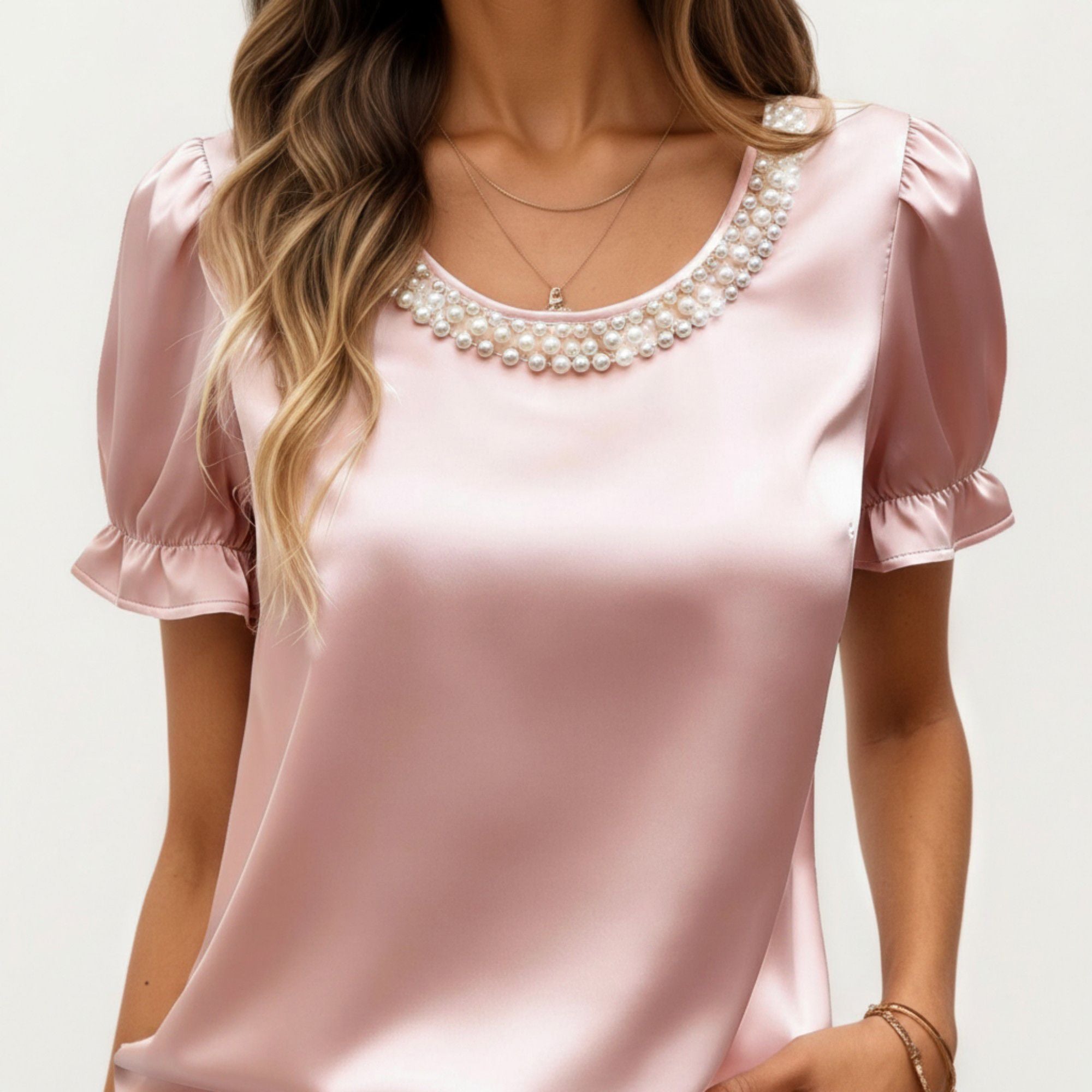 Anna-Kaci Women's Satin Faux Pearl Neck Top with Puff Sleeves and Smooth Draped Finish