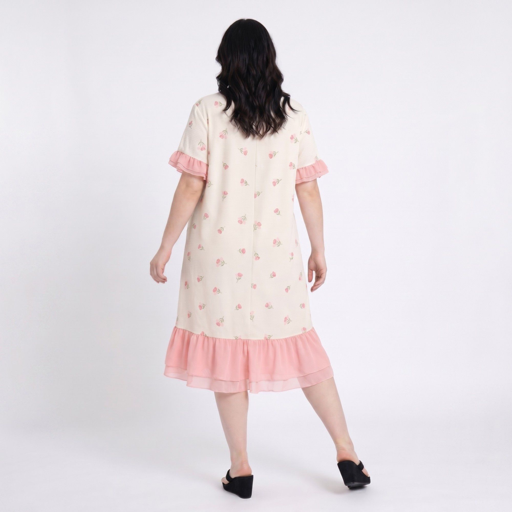 Short Sleeve Floral Midi Nightgown Ruffle Trim Relaxed Sleep Dress