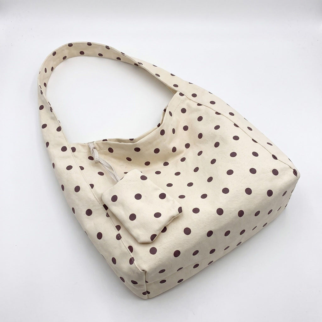 Polka Dot Hobo Tote Bag with Wide Shoulder Strap and Matching Pouch 12.5x13x5.5in