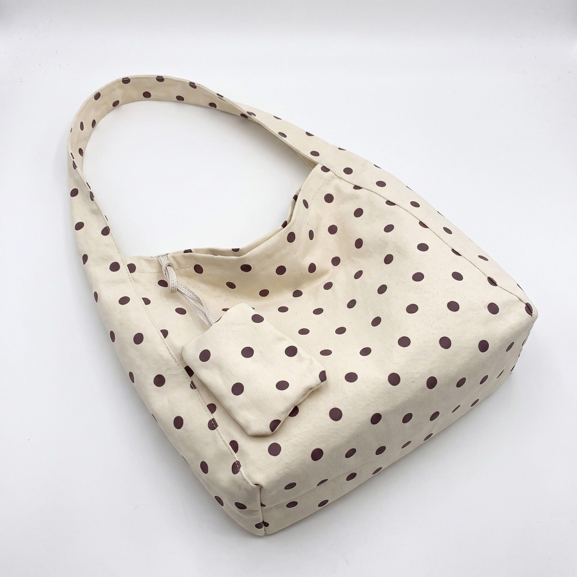 Polka Dot Hobo Tote Bag with Wide Shoulder Strap and Matching Pouch 12.5x13x5.5in