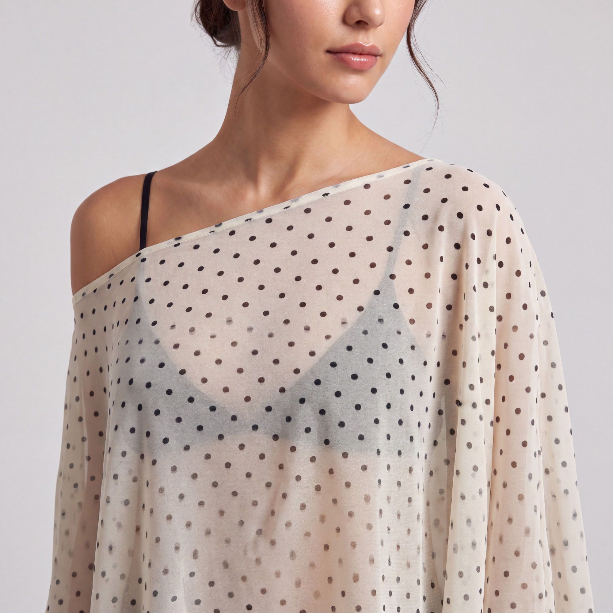 Sheer Polka Dot Asymmetrical Poncho Blouse with Off Shoulder Neckline Flowy Fit and Three Quarter Sleeves