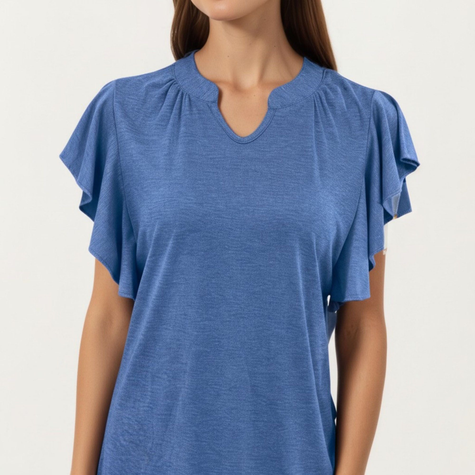 Anna-Kaci Women's Short Sleeve Top with Flutter Ruffle Sleeves and Split V Neck Relaxed Fit Casual Shirt