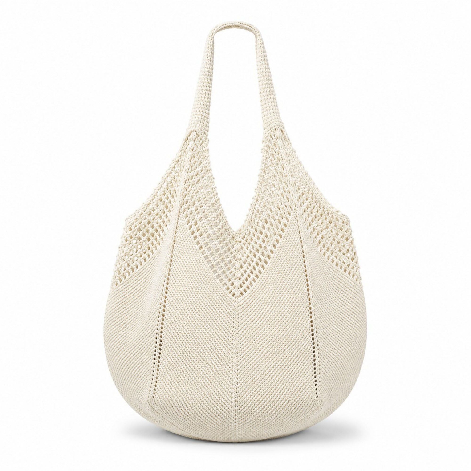 Crochet Knit Tote Bag Openwork Shoulder Bag with Heart Inspired Detail