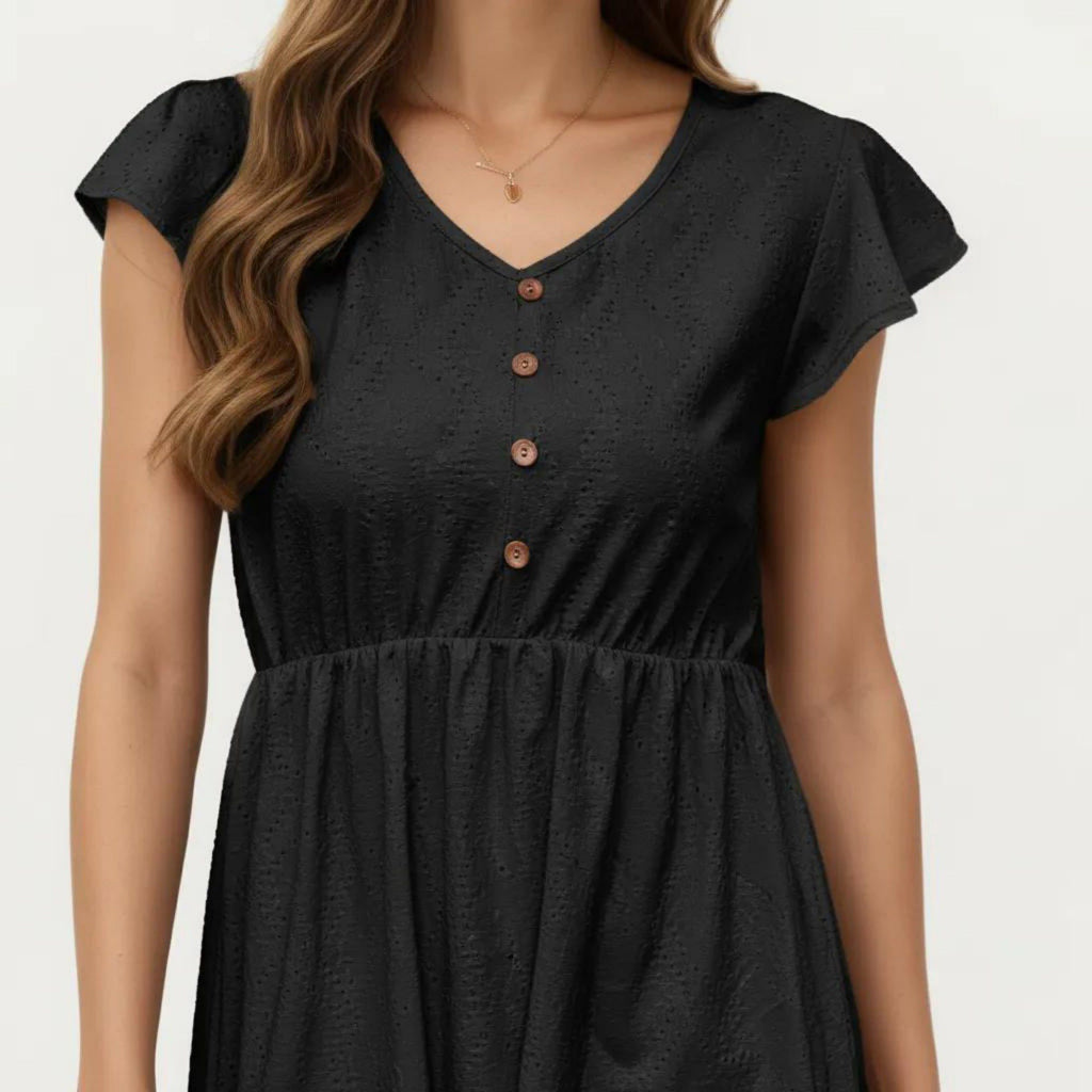Anna-Kaci Women's Eyelet Babydoll Top with V-Neckline Button Front and Flutter Sleeves