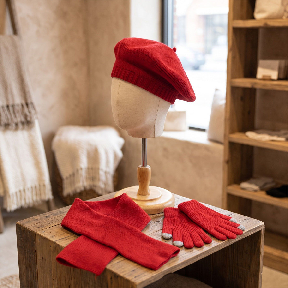 3 Piece Beret Scarf and Touchscreen Gloves Winter Set