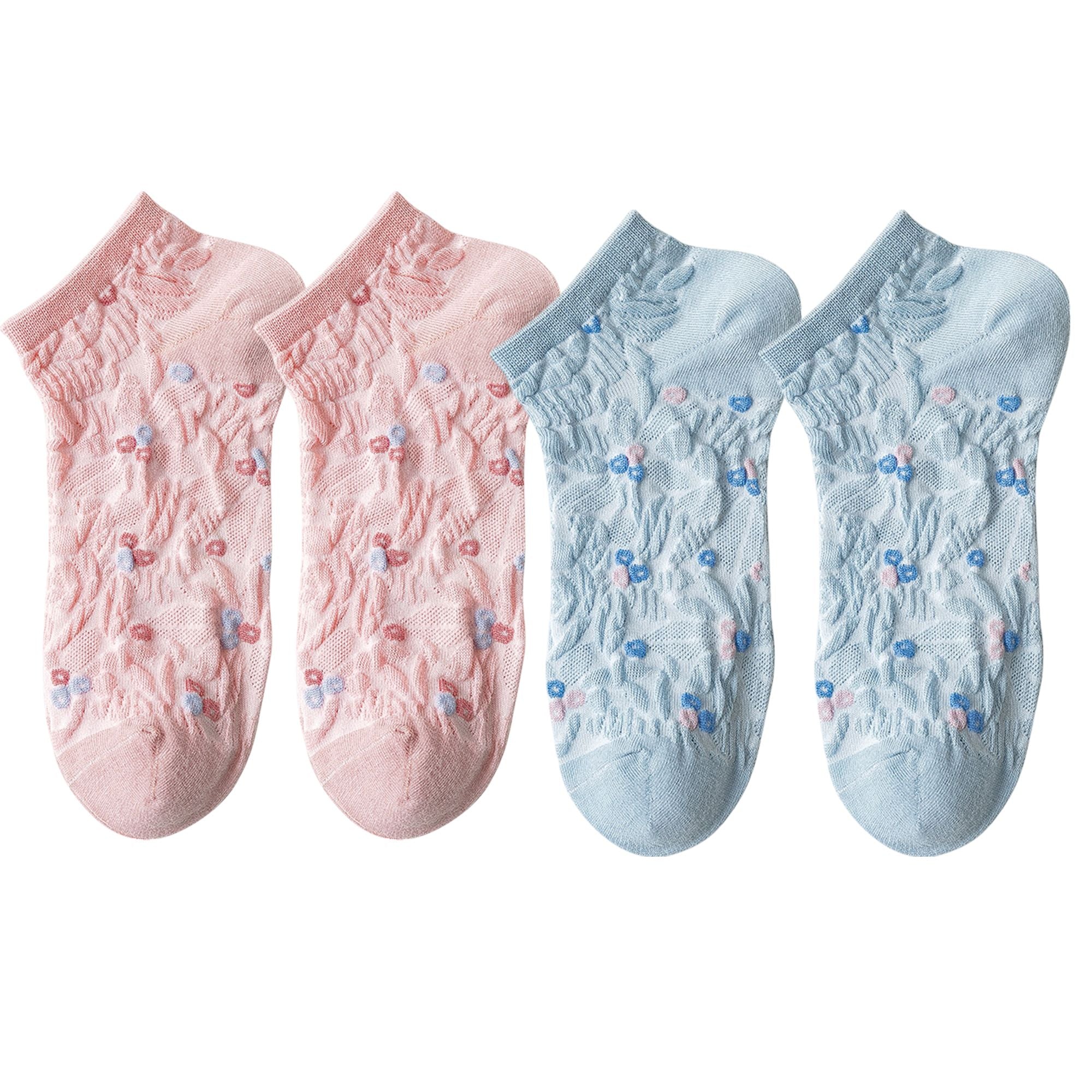 Anna-Kaci 4 Pairs Women's Low-Cut Floral Embroidered Socks Soft Combed Cotton Breathable Fit for Sneakers Flats and Everyday Casual Wear