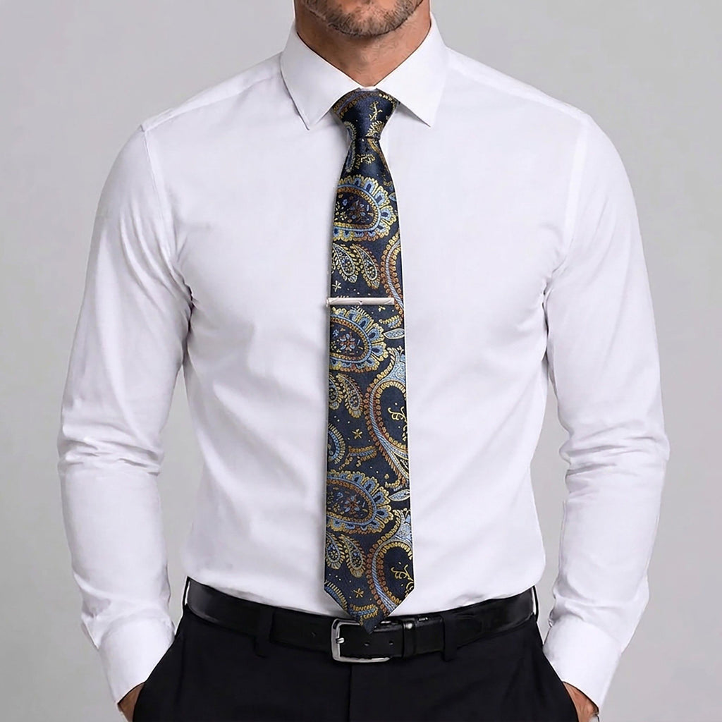 Men's Paisley Pattern Tie Gift Set with Matching Pocket Square Cufflinks and Silver Tie Clip