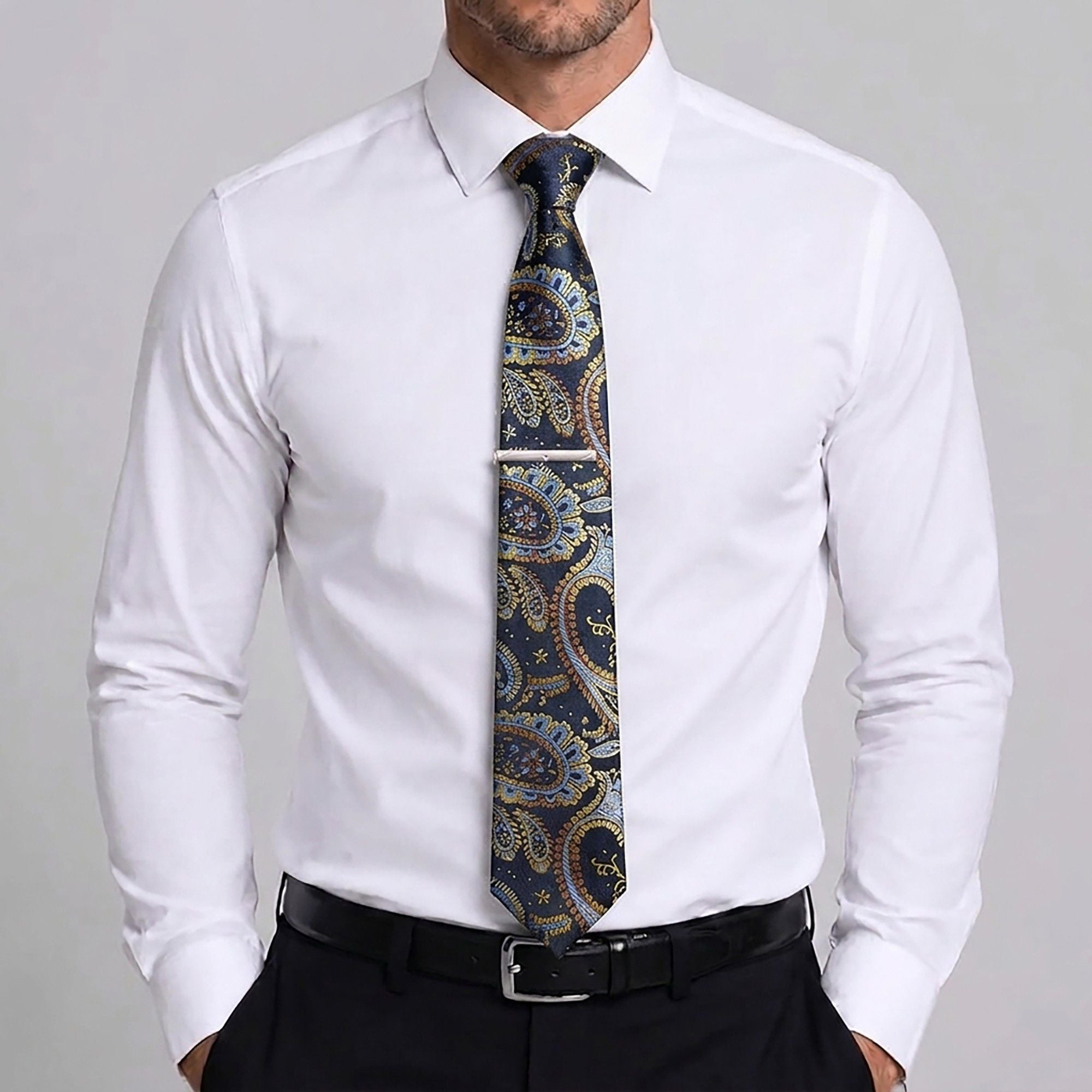 Men's Paisley Pattern Tie Gift Set with Matching Pocket Square Cufflinks and Silver Tie Clip