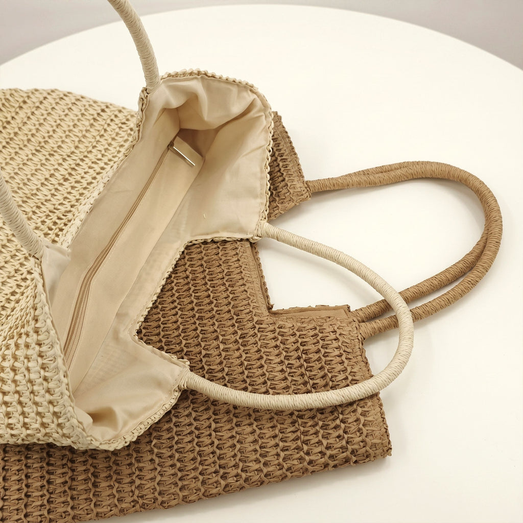 Woven Straw Tote Bag with Shoulder Straps Lightweight Crochet Knit Everyday Carry Tote Bag