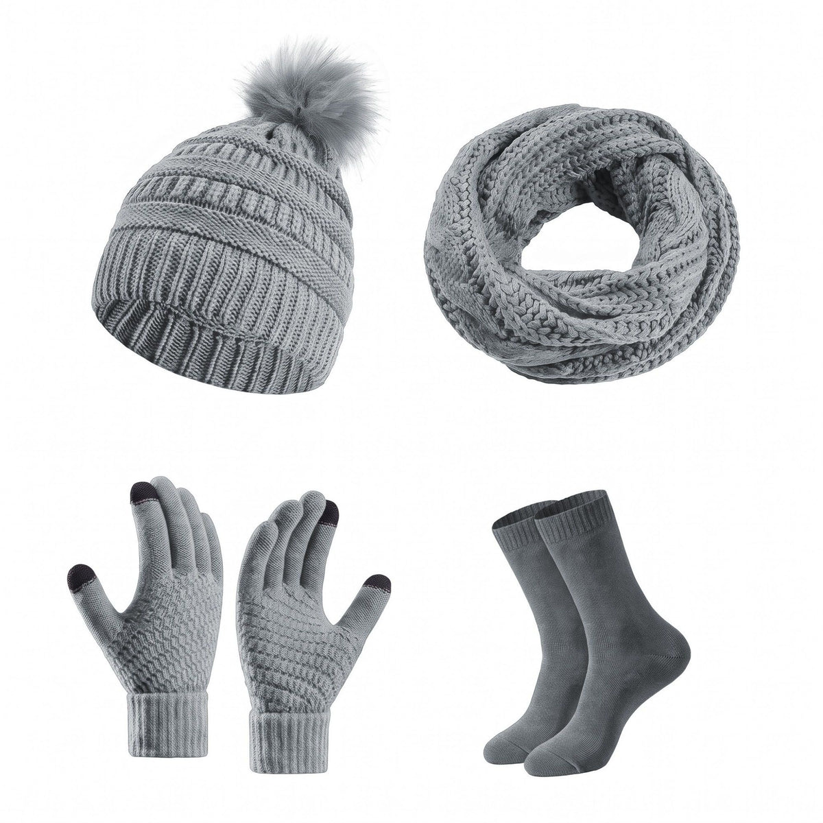 4 Piece Knit Winter Hat Scarf Touchscreen Gloves and Socks Set
