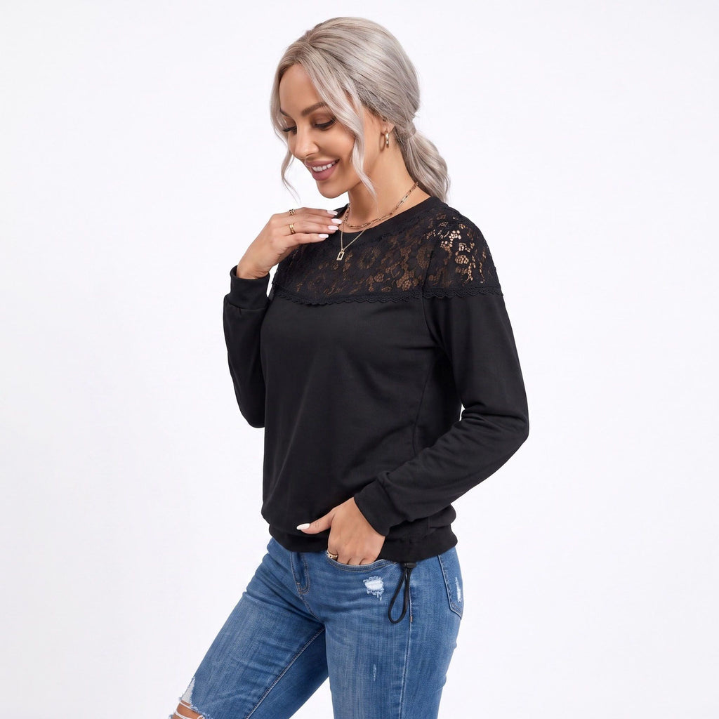 Lace Yoke Long Sleeve Top Crew Neck Relaxed Fit Pullover