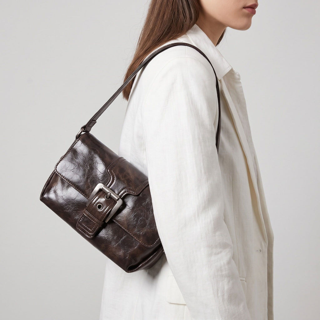 Distressed-Look Flap Shoulder Bag with Metal Clasp