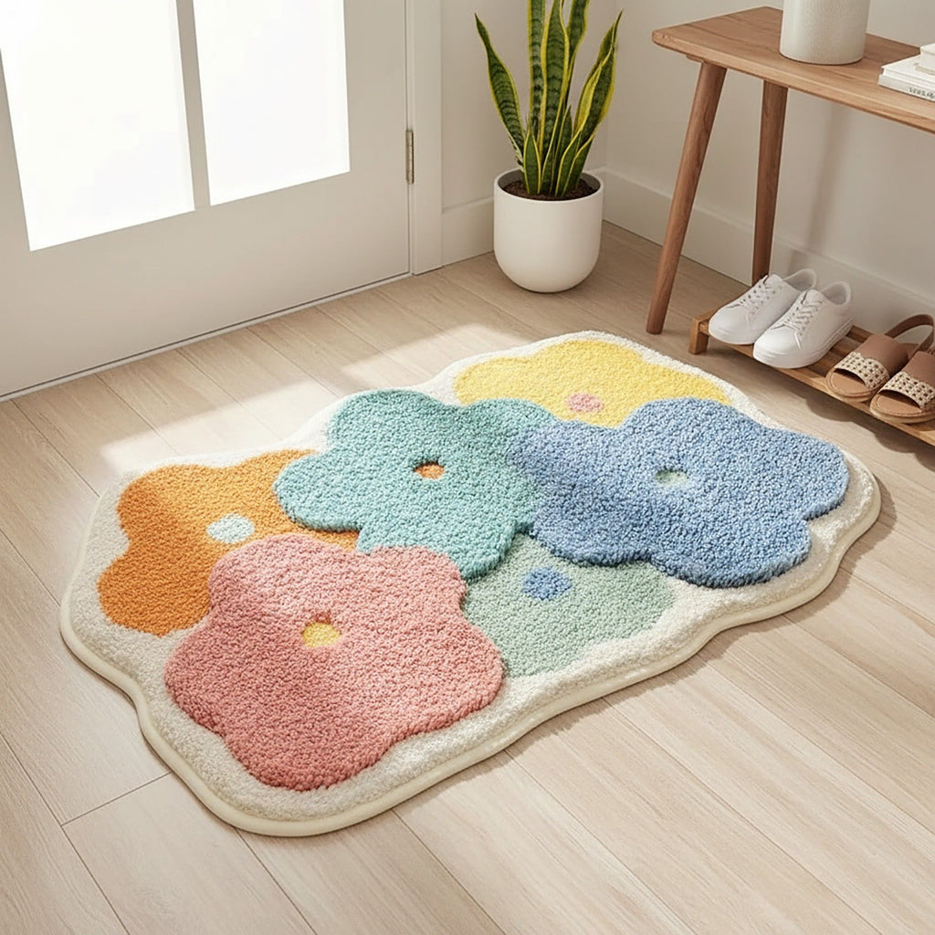 Tufted Floor Mat with Happy Text and Floral Pattern Non Slip Backing Soft Plush Decorative Scalloped Edge Indoor Rug