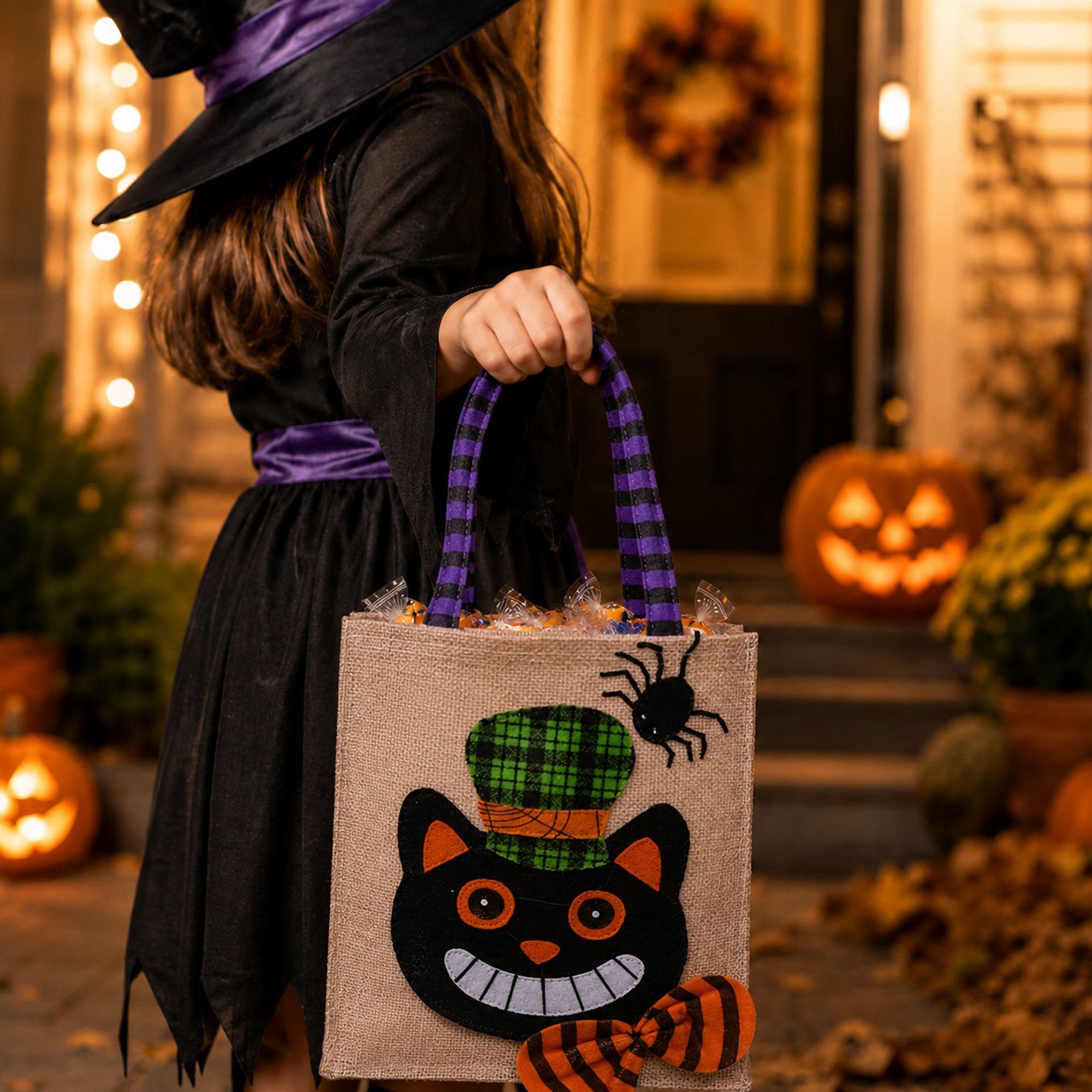 Halloween Burlap Trick or Treat Tote Bag with Character Applique