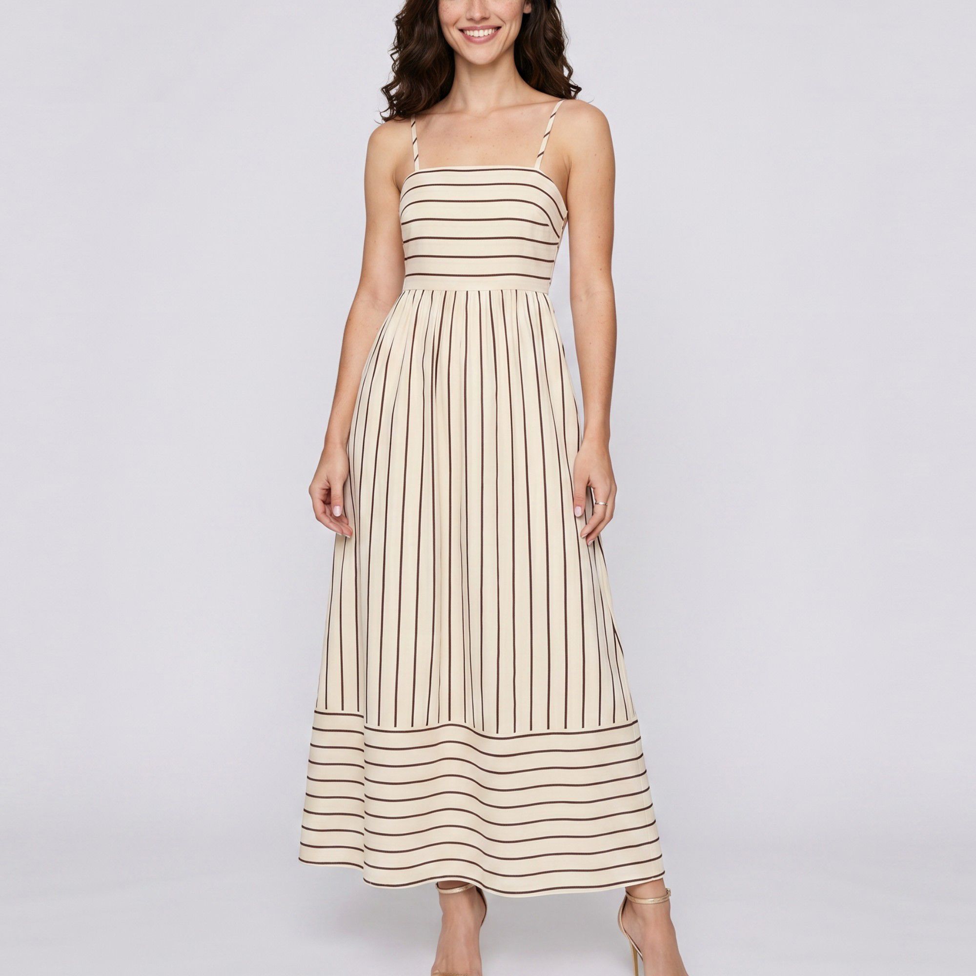 Striped Square Neck Sleeveless Maxi Dress with Fitted Bodice Adjustable Straps and Flowy Tiered A-Line Skirt