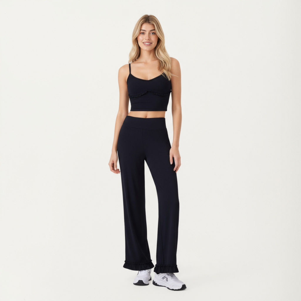 Anna-Kaci Active Women's High Waist Wide Leg Sweatpants with Ruffle Hem Detail