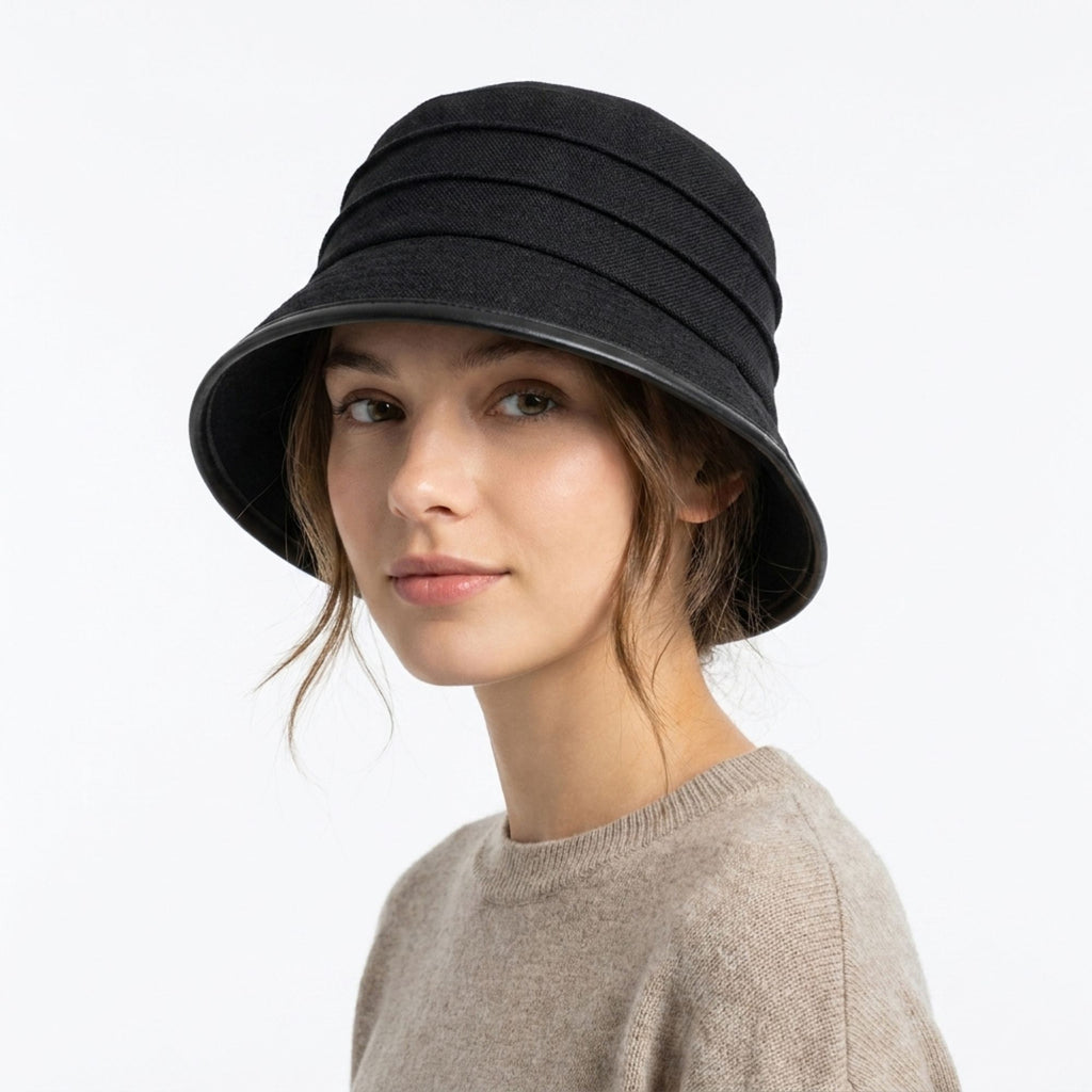 Structured Cloche Hat Pleated Crown Contrast Trim Wide Brim Bucket Hat