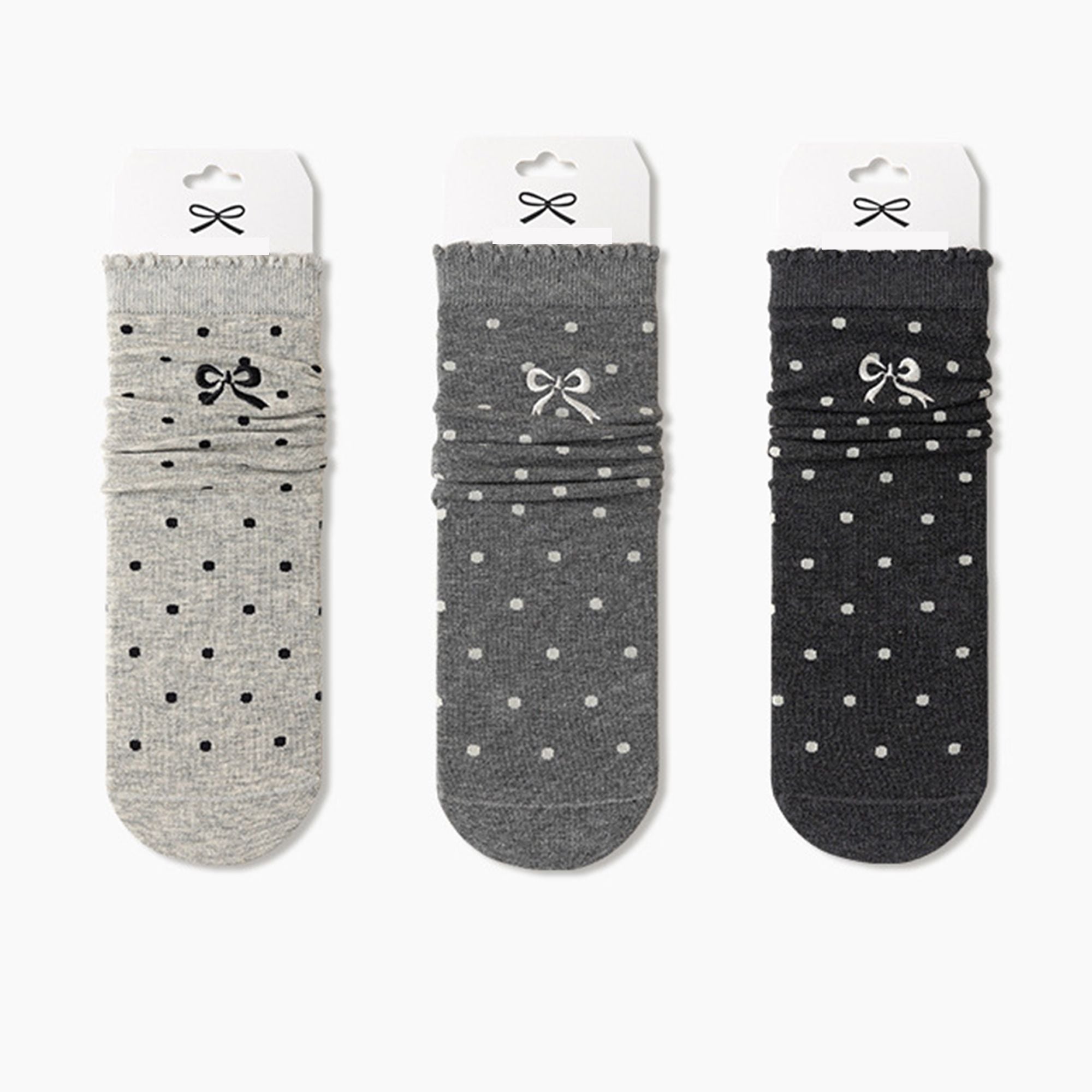 Anna-Kaci 3-Pair Soft Polka Dot Socks with Bow Embroidery and Ruffled Cuff Design