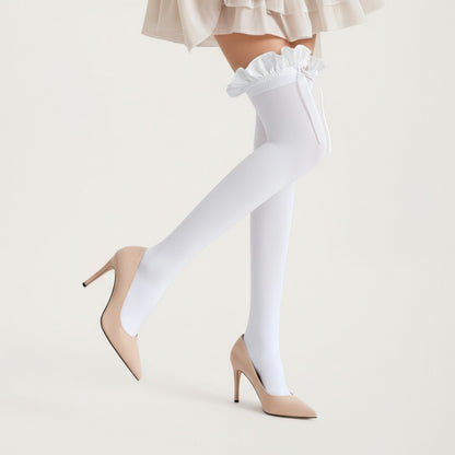 Anna-Kaci 2pcs Women's Over-the-Knee Tights with Ruffled Trim and Satin Ribbon Bow Detail