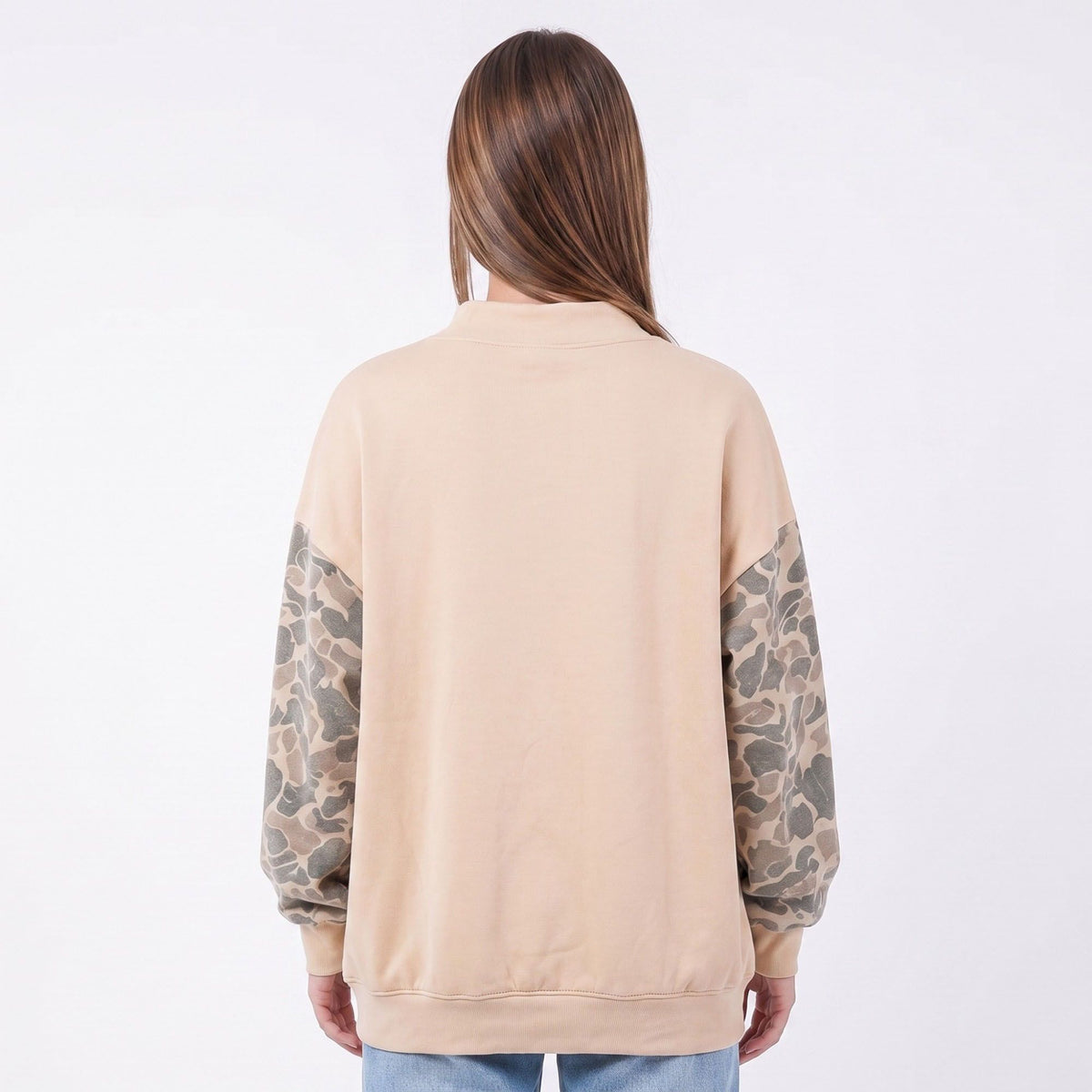 Camo Sleeve Mock Neck Long Sleeve Pullover Sweatshirt